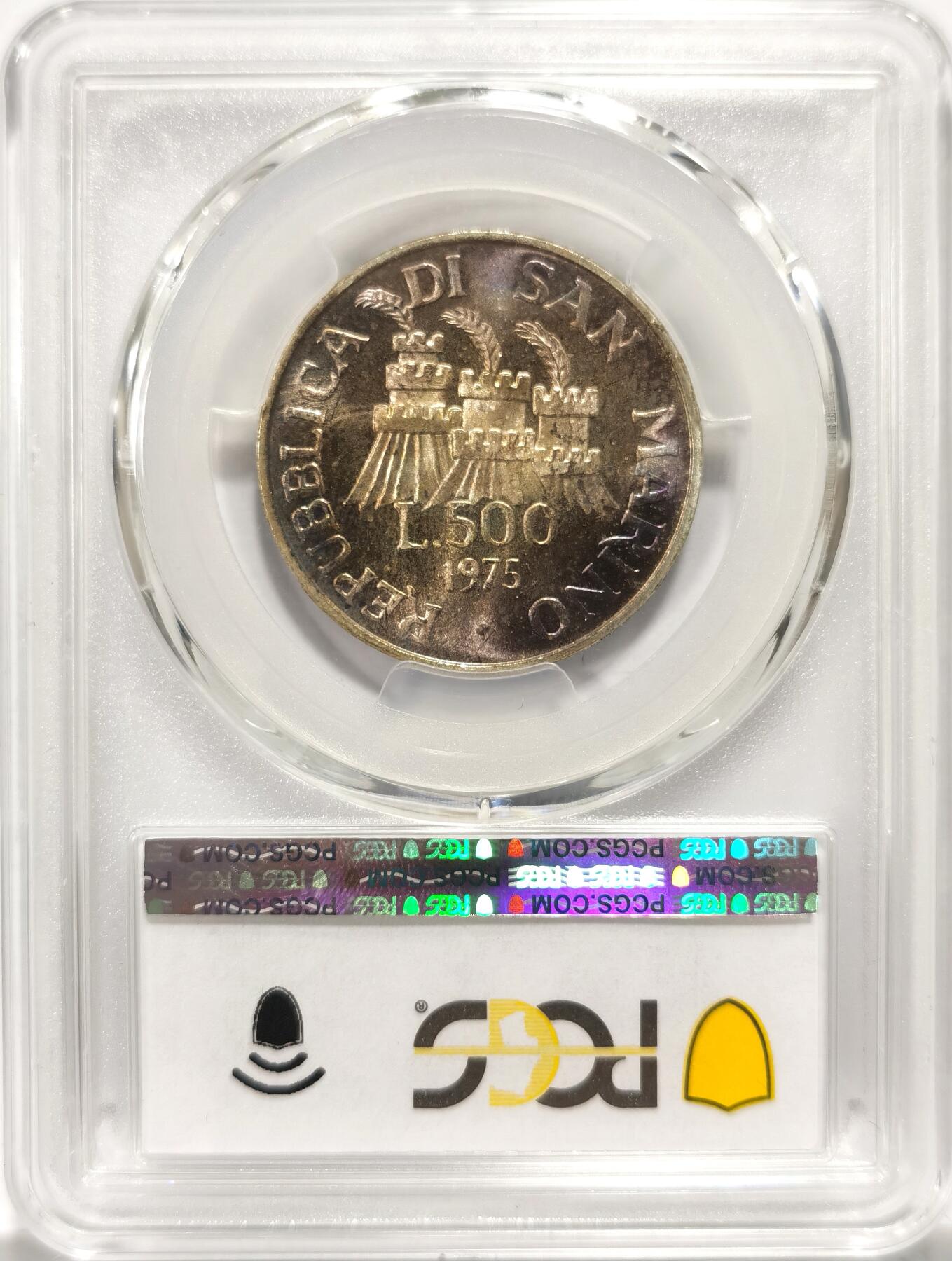 博洋堂世界钱币拍卖第106期（全场包邮） PCGS MS66 圣马力诺1975年造币厂纪念500里拉银币，幻彩包浆