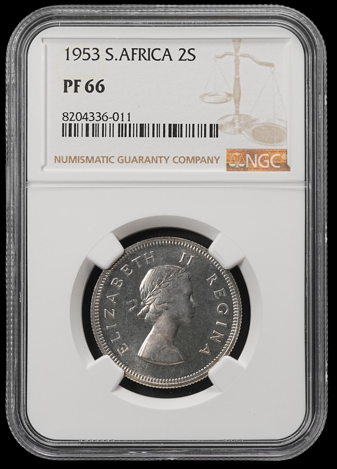 修遠堂世界钱币第五十三期 全场包邮 NGC PF66 1953年南非2先令精制银币 仅铸造5000枚