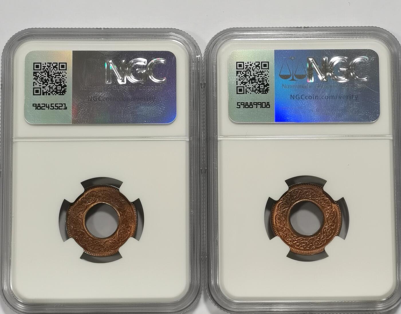 博洋堂世界钱币拍卖第106期（全场包邮） NGC MS64RB 英属印度1943年B版乔治六世1派沙铜币2枚一对，最少见的圆冠钻版