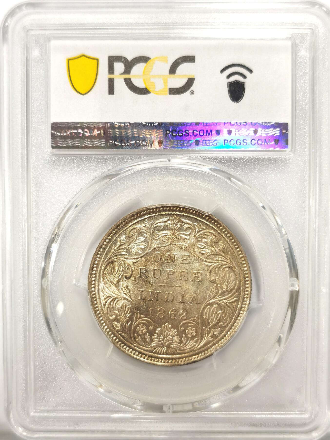 博洋堂世界钱币拍卖第106期（全场包邮） PCGS MS63 英属印度1862年维多利亚1卢比银币，极美黄油包浆