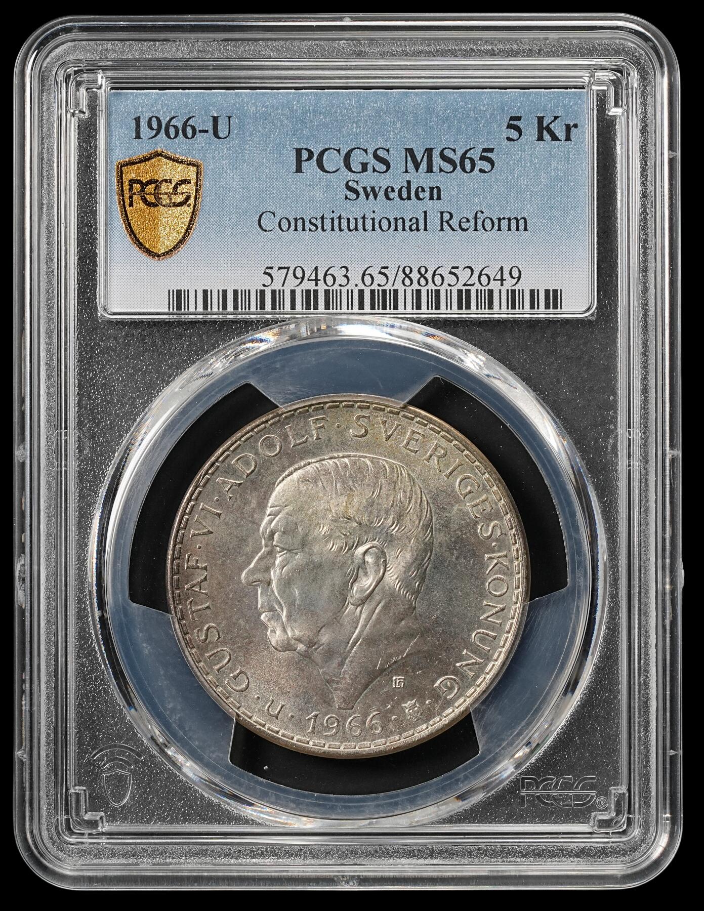 修遠堂世界钱币第五十三期 全场包邮 PCGS MS65 1966年瑞典宪法改革100周年纪念5克朗银币