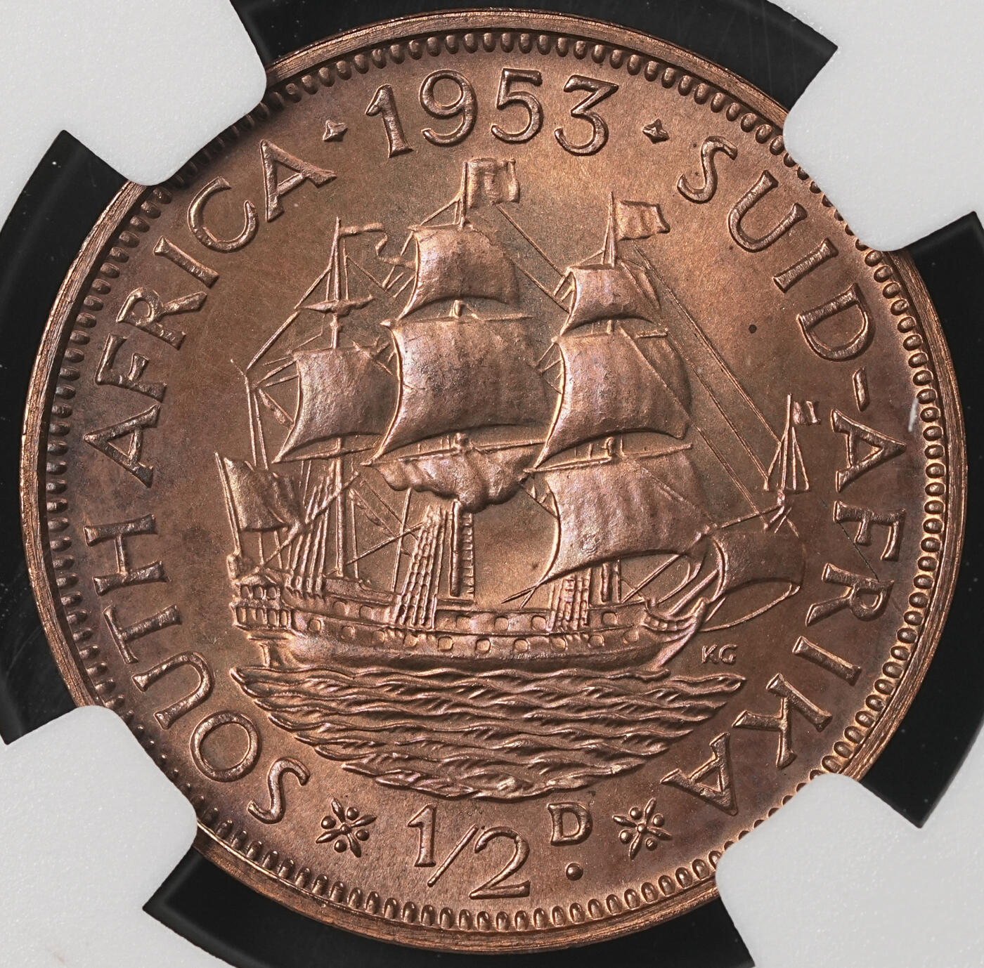 修遠堂世界钱币第五十三期 全场包邮 NGC PF66RB 1953年南非1/2便士精制铜币 仅铸造5000枚