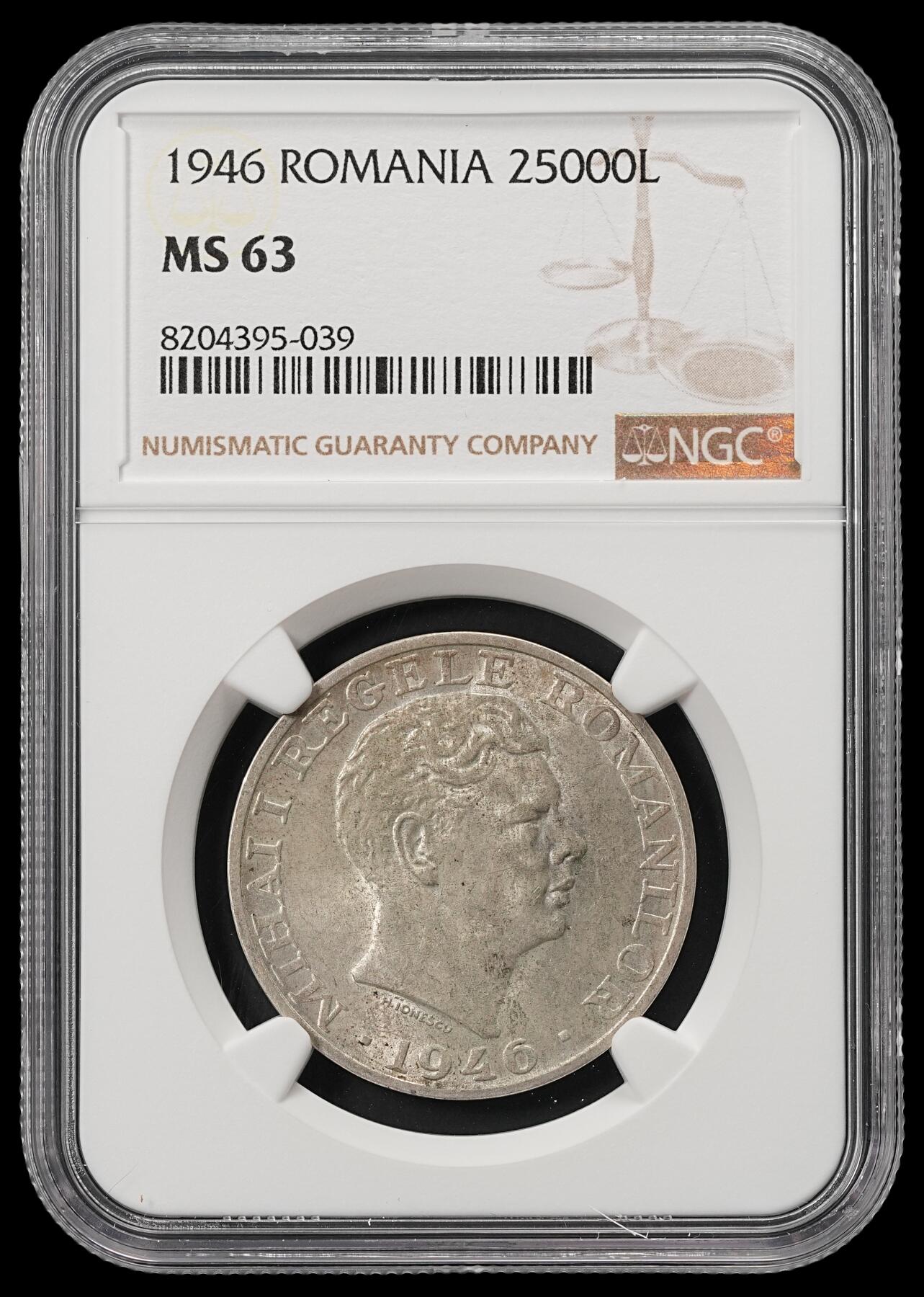修遠堂世界钱币第五十三期 全场包邮 NGC MS63 1942年罗马尼亚25000 LEI银币