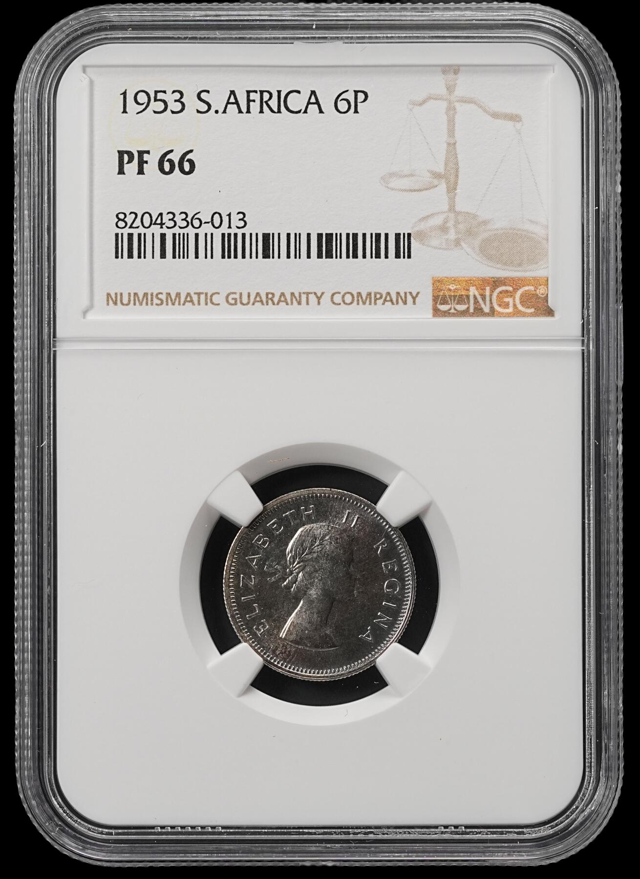 修遠堂世界钱币第五十三期 全场包邮 NGC PF66 1953年南非6便士精制银币 仅铸造5000枚