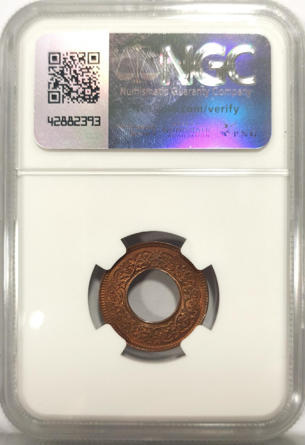 博洋堂世界钱币拍卖第106期（全场包邮） NGC MS65RB 英属印度1943年B版乔治六世1派沙铜币，最少见的圆冠钻版，高分好状态
