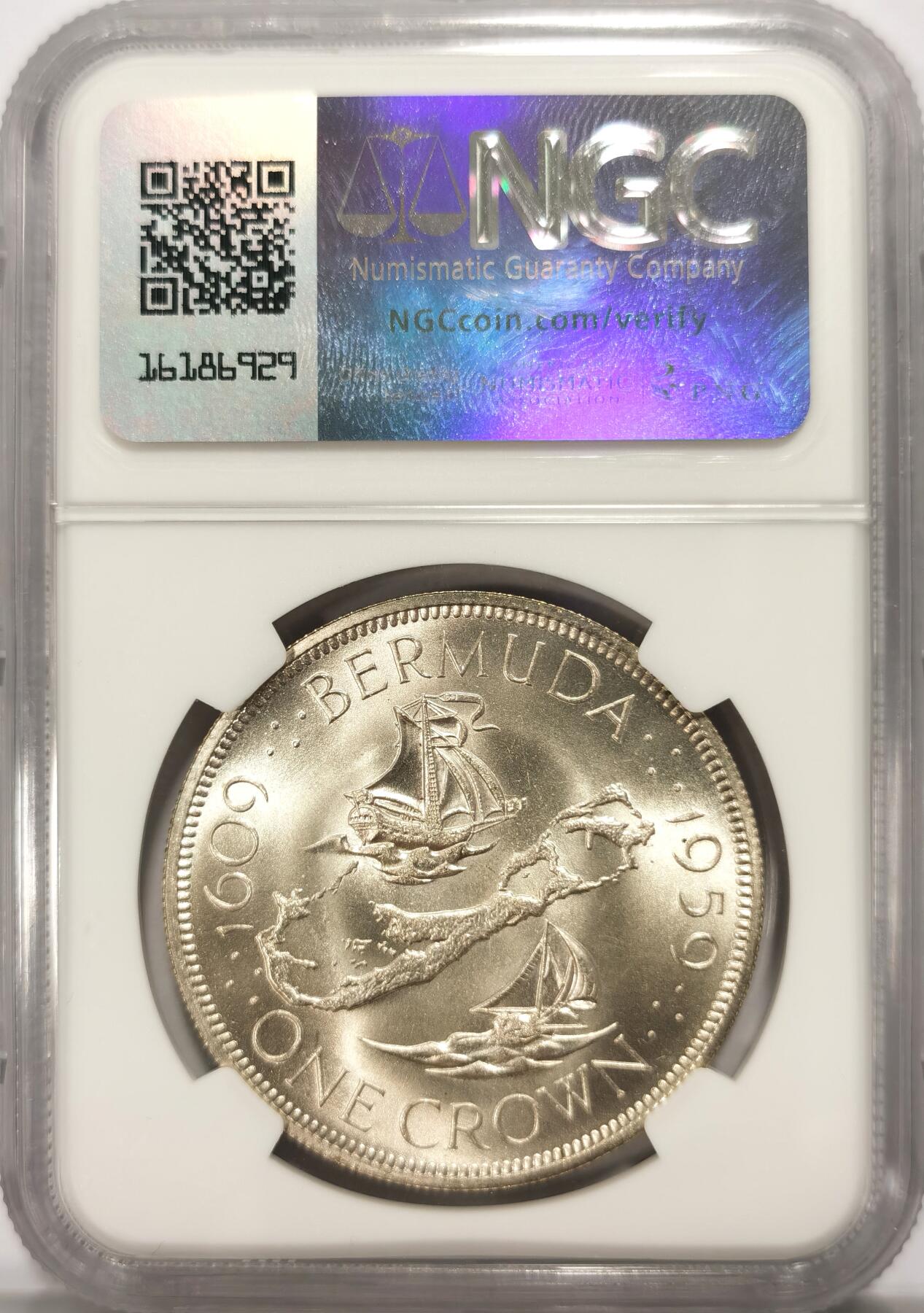 博洋堂世界钱币拍卖第106期（全场包邮） NGC MS67 英属百慕大1959年伊丽莎白二世1克朗银币，发现百慕大350周年纪念，极品高分