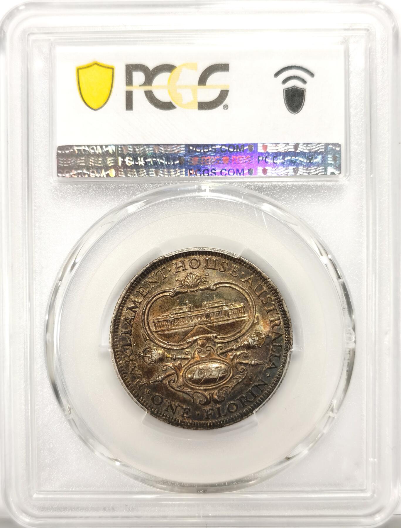 博洋堂世界钱币拍卖第106期（全场包邮） PCGS MS63 1927年澳大利亚议会大厦纪念2先令银币，无与伦比的正反酱五彩包浆，这个品种所见绝大多数都是白币，能有这种彩实属鬼斧神工，麦稀奇同分白币曾有750元成交记录