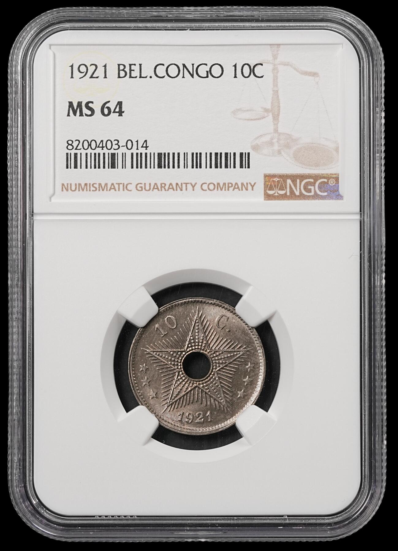 修遠堂世界钱币第五十三期 全场包邮 NGC MS64 1921年比属刚果中孔10分