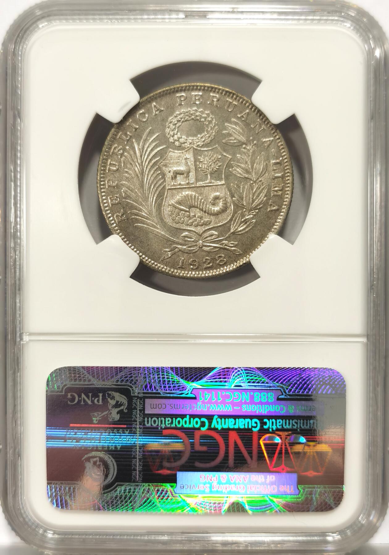 博洋堂世界钱币拍卖第106期（全场包邮） NGC MS66 秘鲁1928年半索尔银币1/2S【高分冠军】