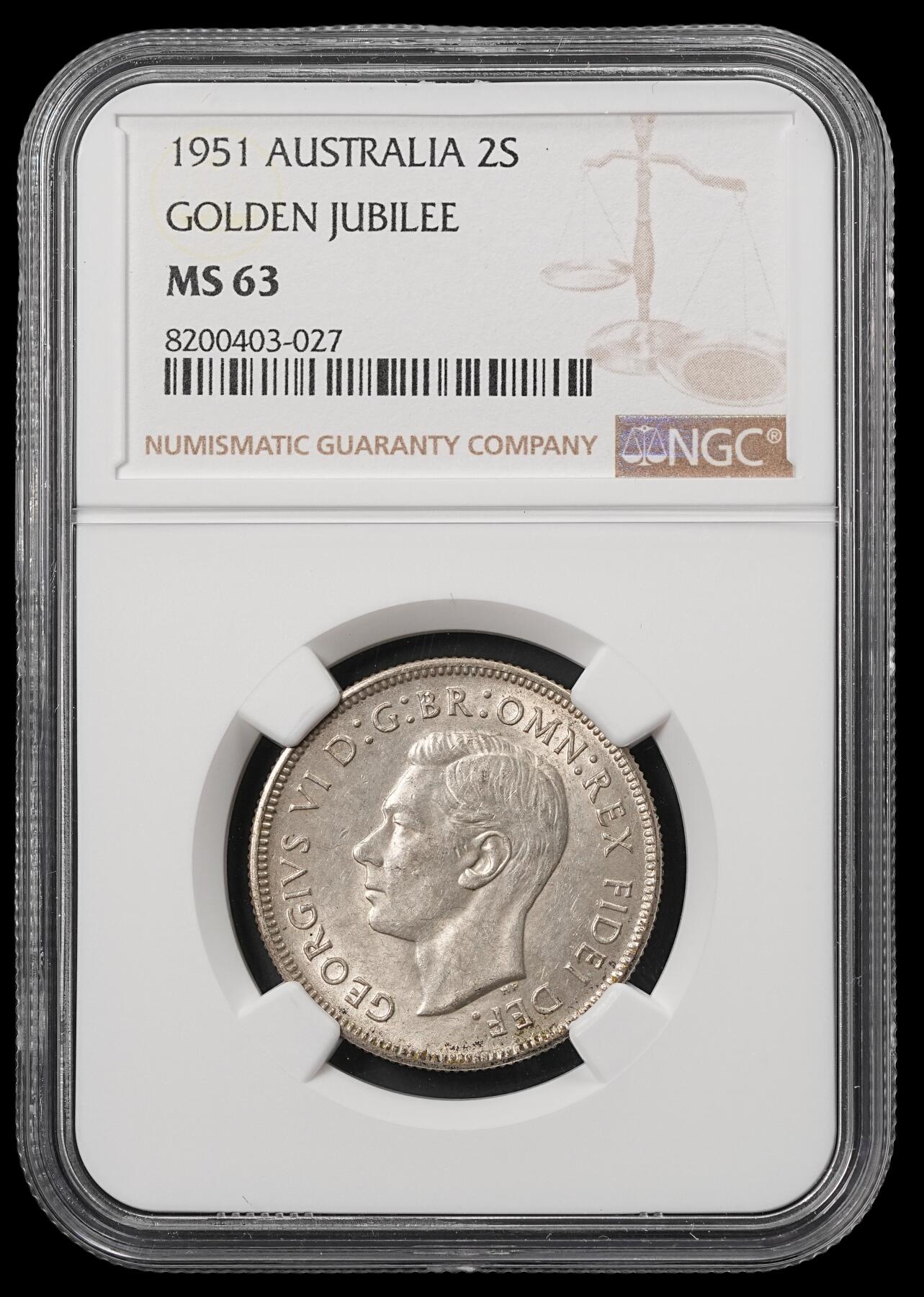 修遠堂世界钱币第五十三期 全场包邮 NGC MS63 1951年澳大利亚联邦50周年纪念1弗罗林银币