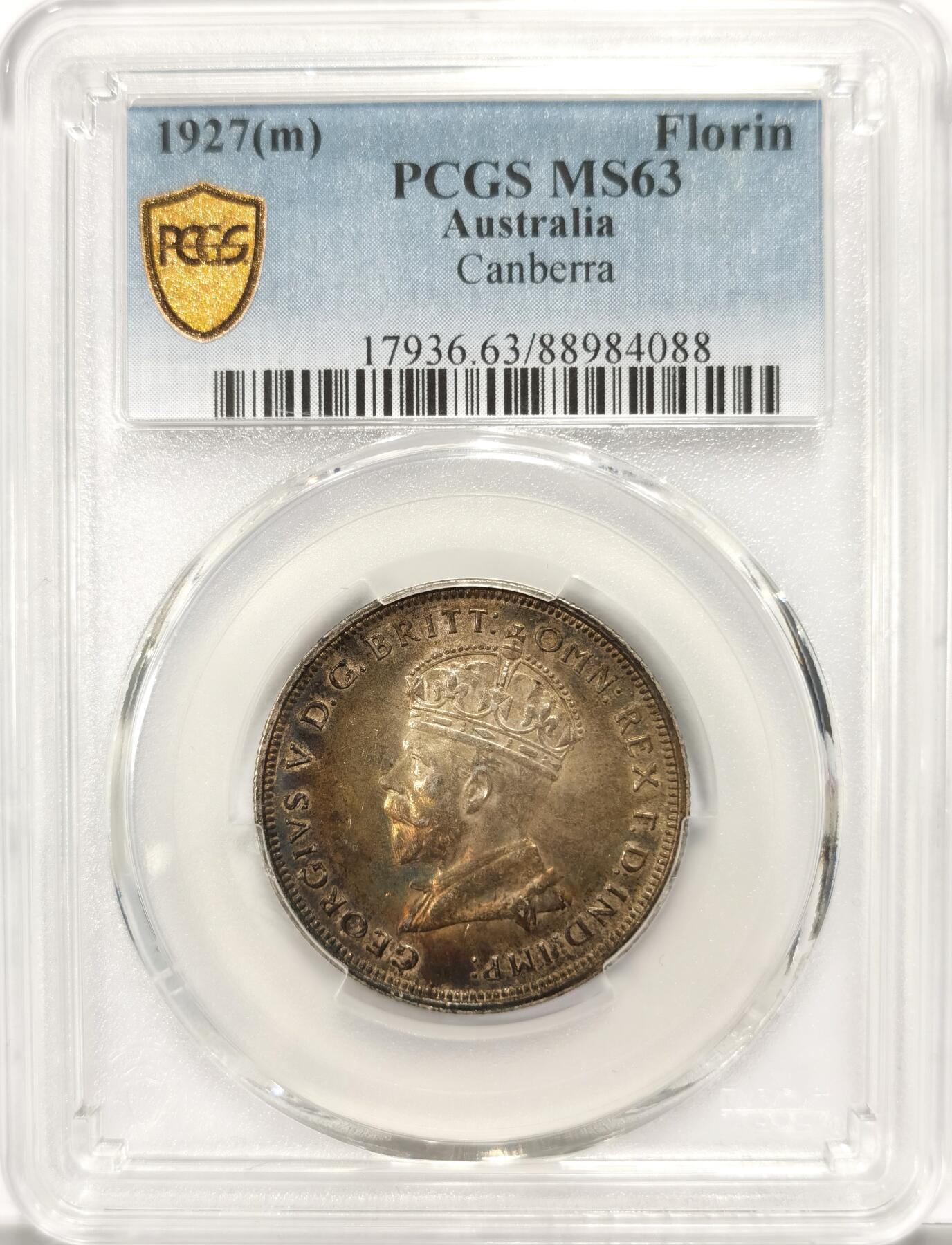 博洋堂世界钱币拍卖第106期（全场包邮） PCGS MS63 1927年澳大利亚议会大厦纪念2先令银币，无与伦比的正反酱五彩包浆，这个品种所见绝大多数都是白币，能有这种彩实属鬼斧神工，麦稀奇同分白币曾有750元成交记录