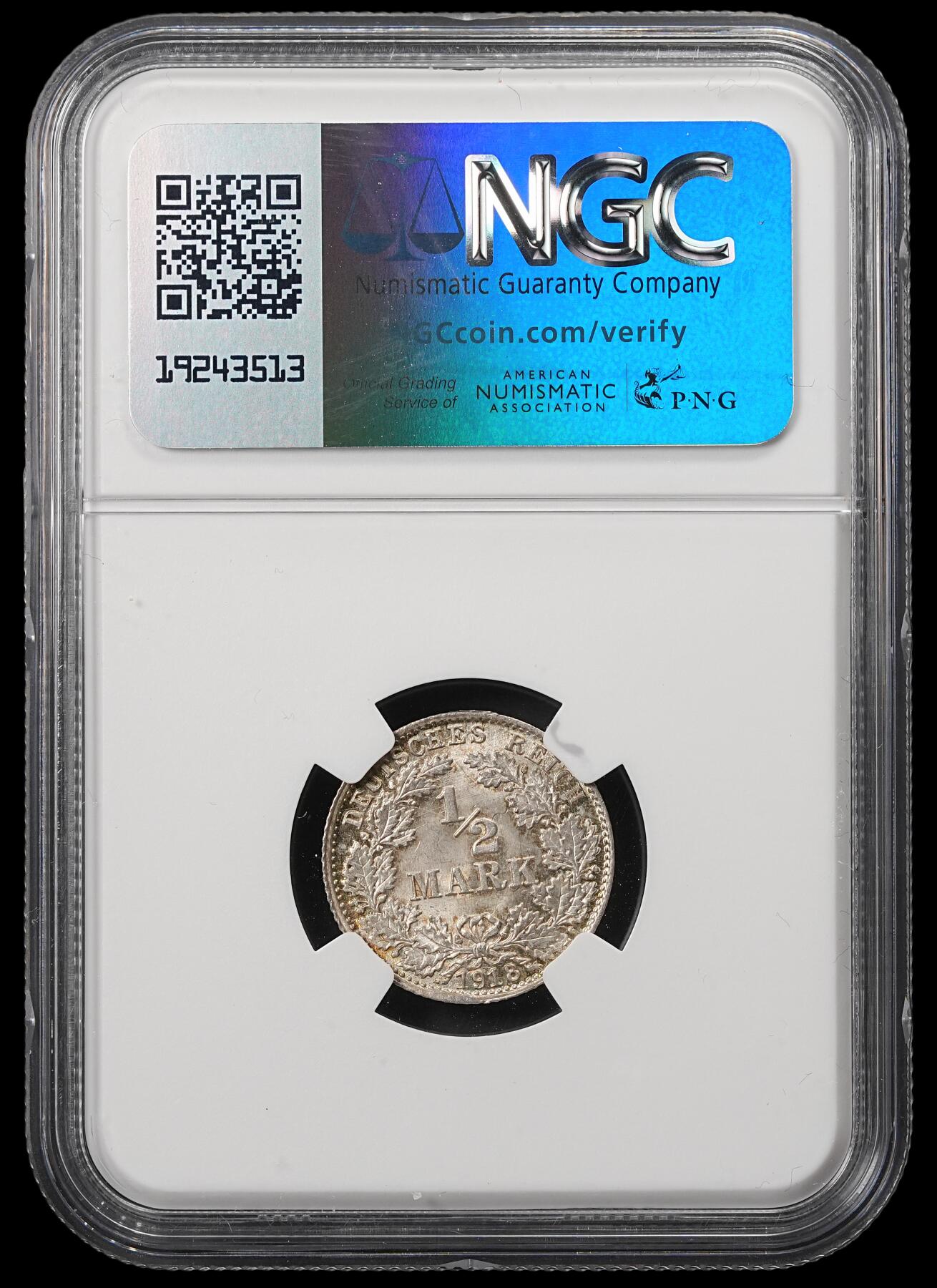 修遠堂世界钱币第五十三期 全场包邮 NGC MS66 1918年德国1/2马克银币