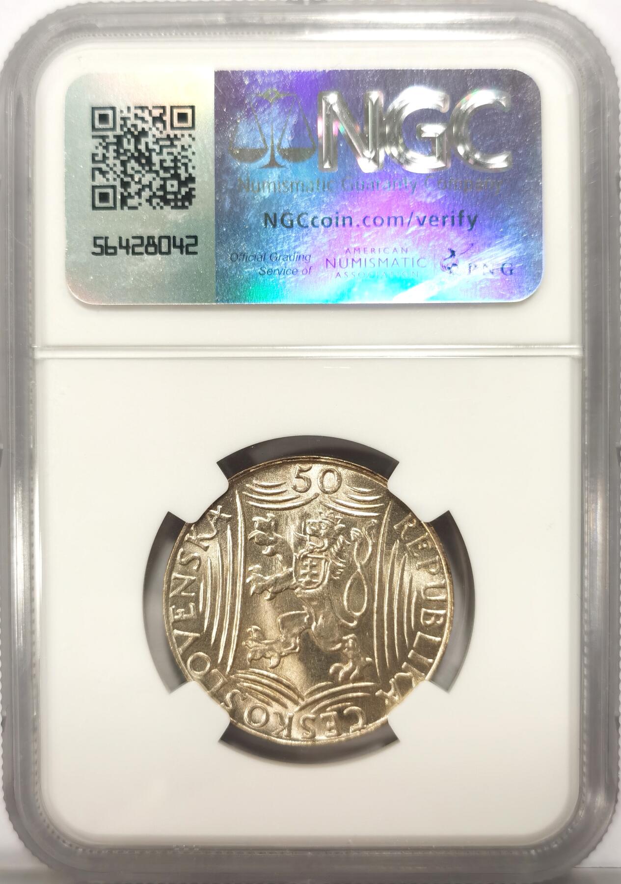 博洋堂世界钱币拍卖第106期（全场包邮） NGC MS64 捷克斯洛伐克1949年斯大林50克朗银币 光度非常好，铸纹清晰。