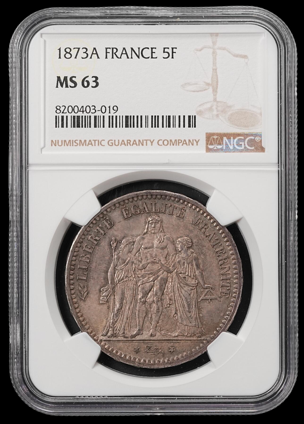 修遠堂世界钱币第五十三期 全场包邮 NGC MS63 1873年法国大力神5法郎大银币 A厂铭 纸袋包浆