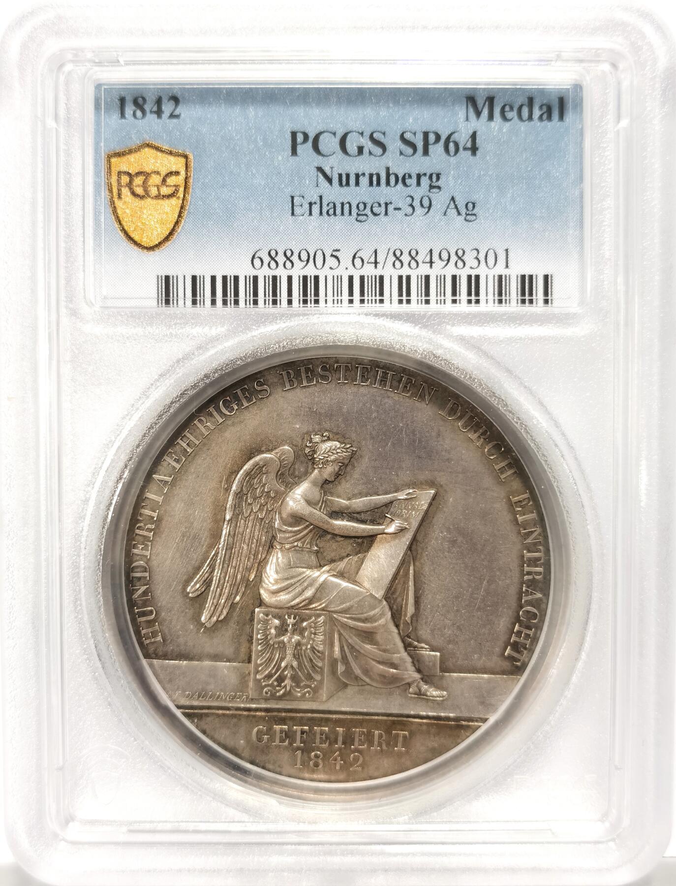 博洋堂世界钱币拍卖第106期（全场包邮） PCGS SP64 1842年德国纽伦堡行政公务员辅助基金百年纪念纪念大银章，大天使银章，N、P双料唯一冠军分，名誉品种。44mm超大尺寸，镜面五彩状态极佳。