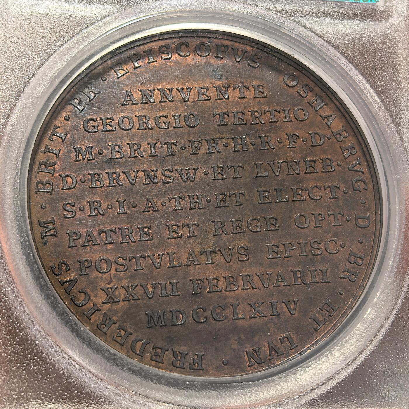 博洋堂世界钱币拍卖第106期（全场包邮） PCGS MS64BN 1764年德国-英国弗雷德里克王子当选为奥斯纳布吕克主教区的王子-选帝侯原铸大铜章。极罕见品种，N、P双料唯一冠军分，直径41mm。主图案为希望女神半倚在徽章盾牌上。18世纪大型铜章巅峰之作，地面、盾牌徽章以及主教冠的精细刻画令人叹为观止，铜光犹存，镜面底板，所见最佳。