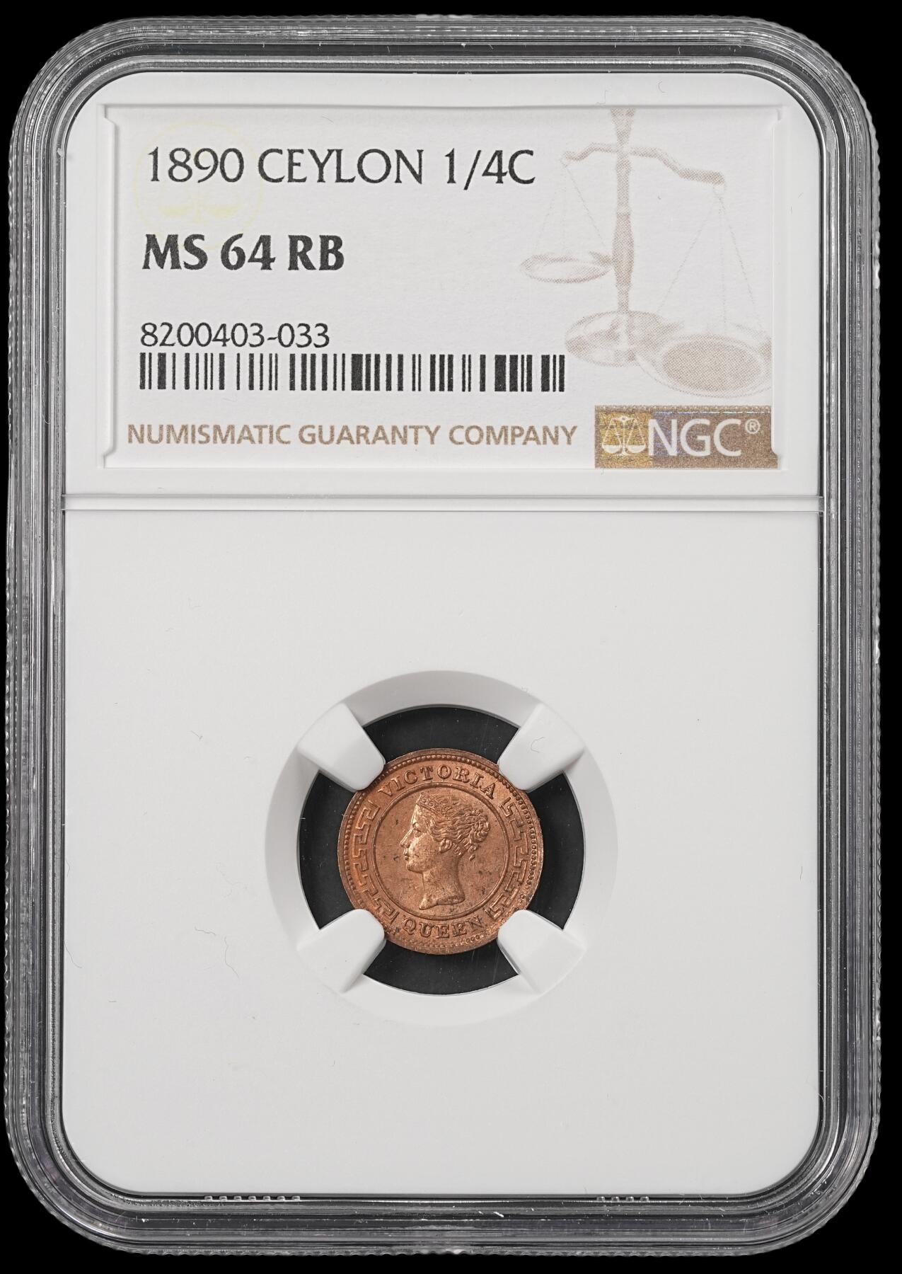 修遠堂世界钱币第五十三期 全场包邮 NGC MS64RB 1890年英属锡兰1/4分铜币
