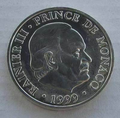 【币将精彩】世界钱币拍卖（2025-12-10） - 摩纳哥1999年大公即位50周年纪念银币  面值100法郎，15克普制银币，品如图。