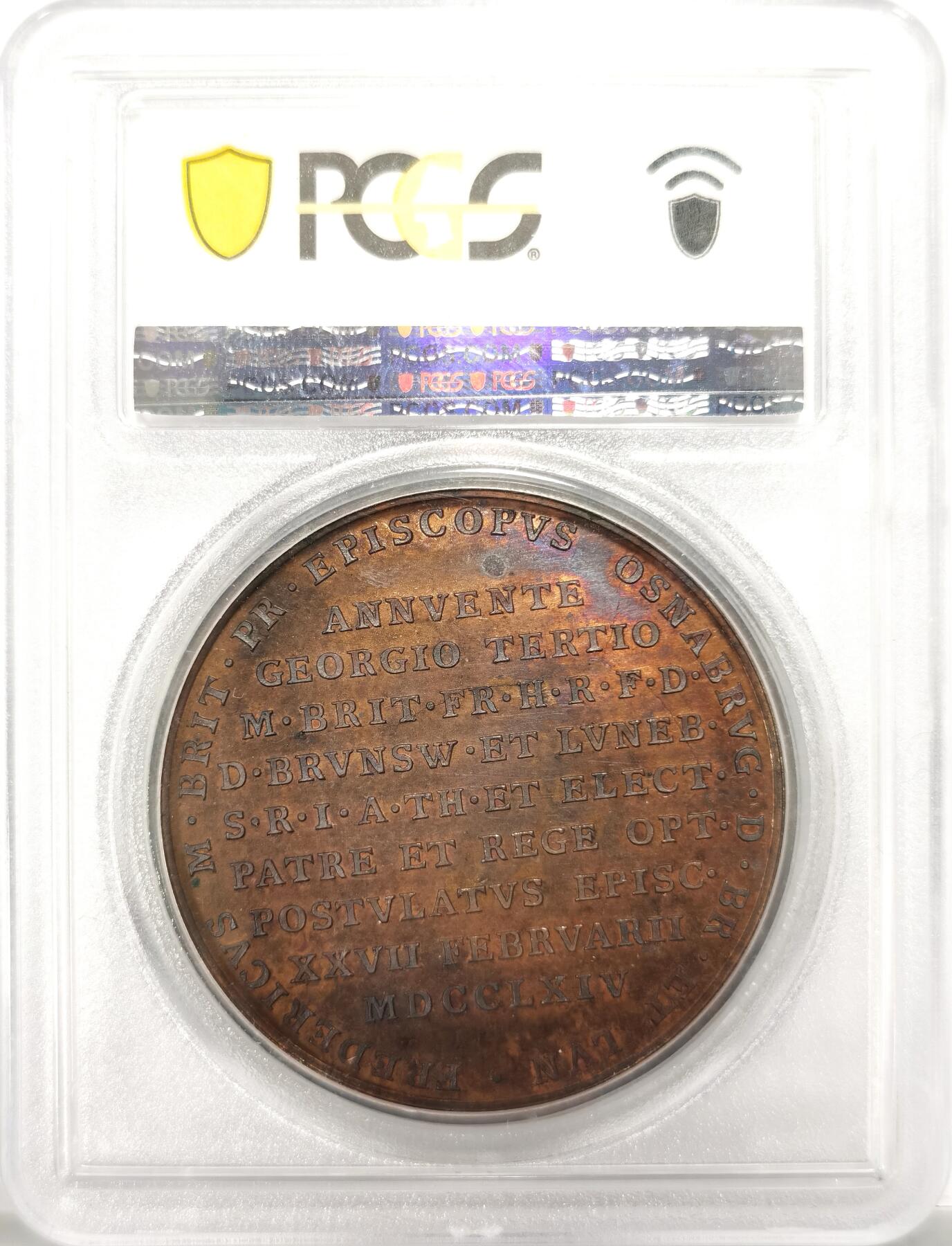 博洋堂世界钱币拍卖第106期（全场包邮） PCGS MS64BN 1764年德国-英国弗雷德里克王子当选为奥斯纳布吕克主教区的王子-选帝侯原铸大铜章。极罕见品种，N、P双料唯一冠军分，直径41mm。主图案为希望女神半倚在徽章盾牌上。18世纪大型铜章巅峰之作，地面、盾牌徽章以及主教冠的精细刻画令人叹为观止，铜光犹存，镜面底板，所见最佳。