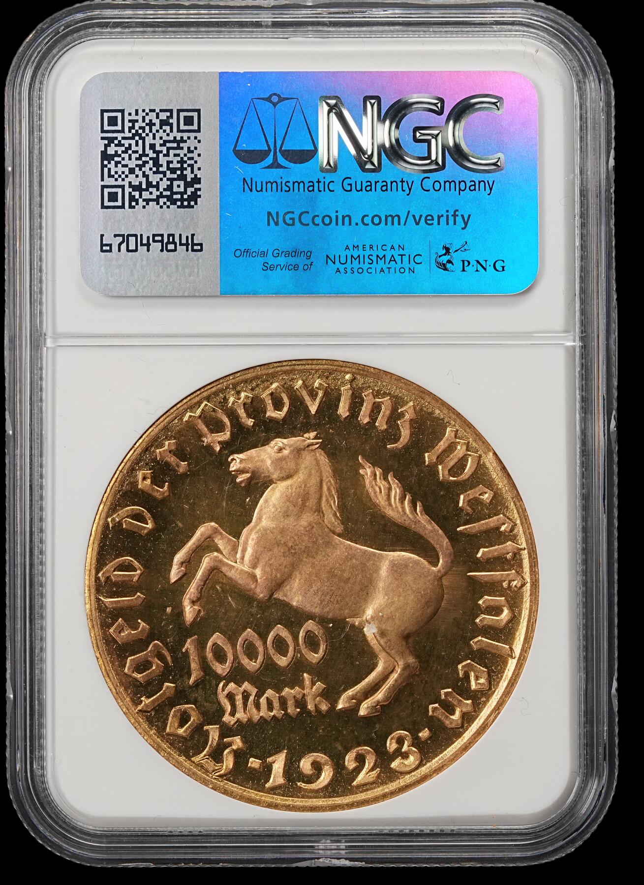 修遠堂世界钱币第五十三期 全场包邮 NGC MS66 1923年德国紧急时期威斯特法伦1万马克鎏金大马币