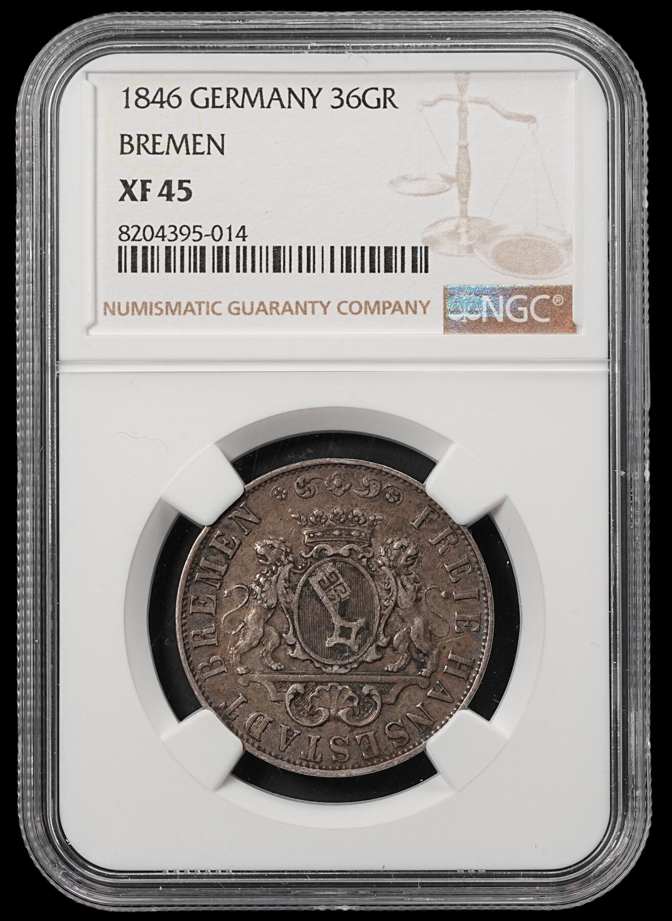 修遠堂世界钱币第五十三期 全场包邮 NGC XF45 1846年不莱美36格罗申银币