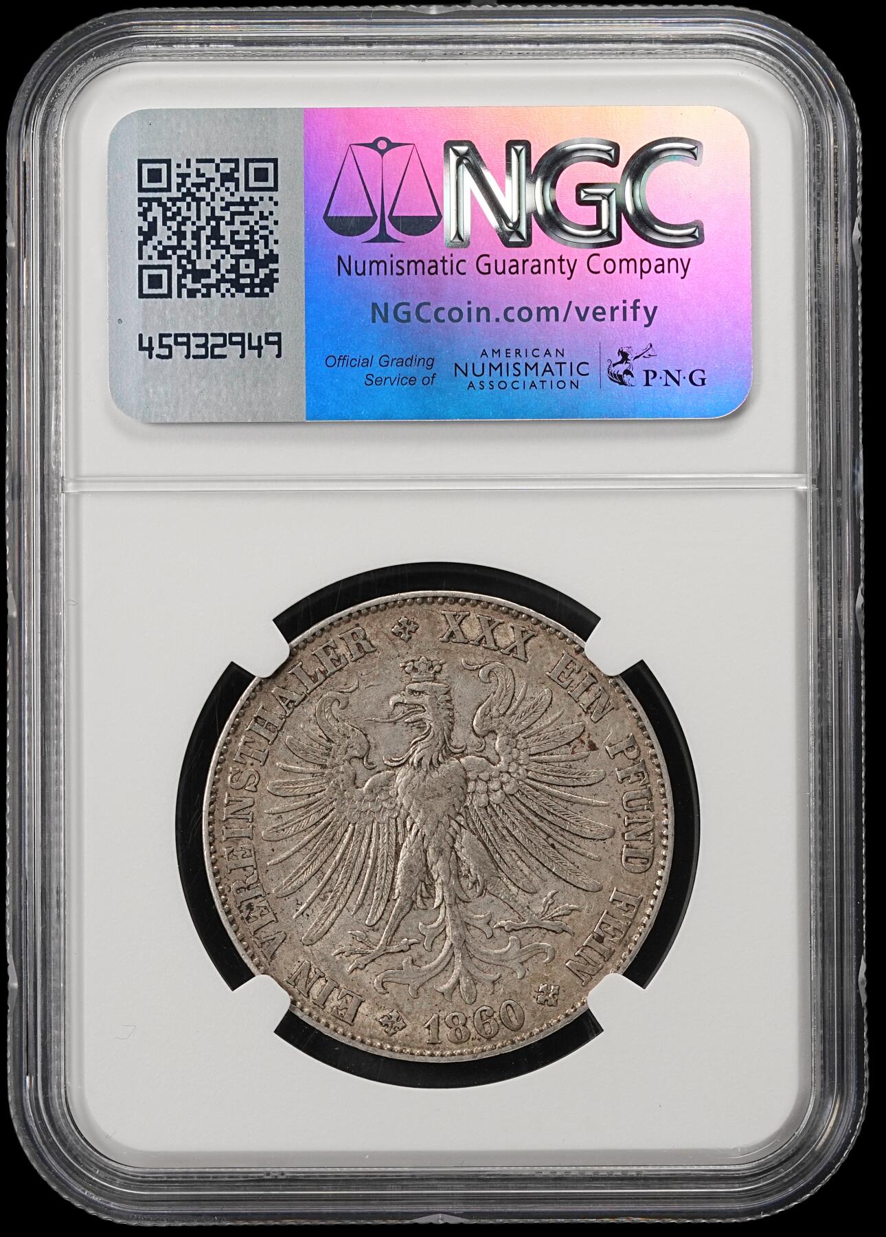 修遠堂世界钱币第五十三期 全场包邮 NGC AU50 1860年法兰克福少女泰勒