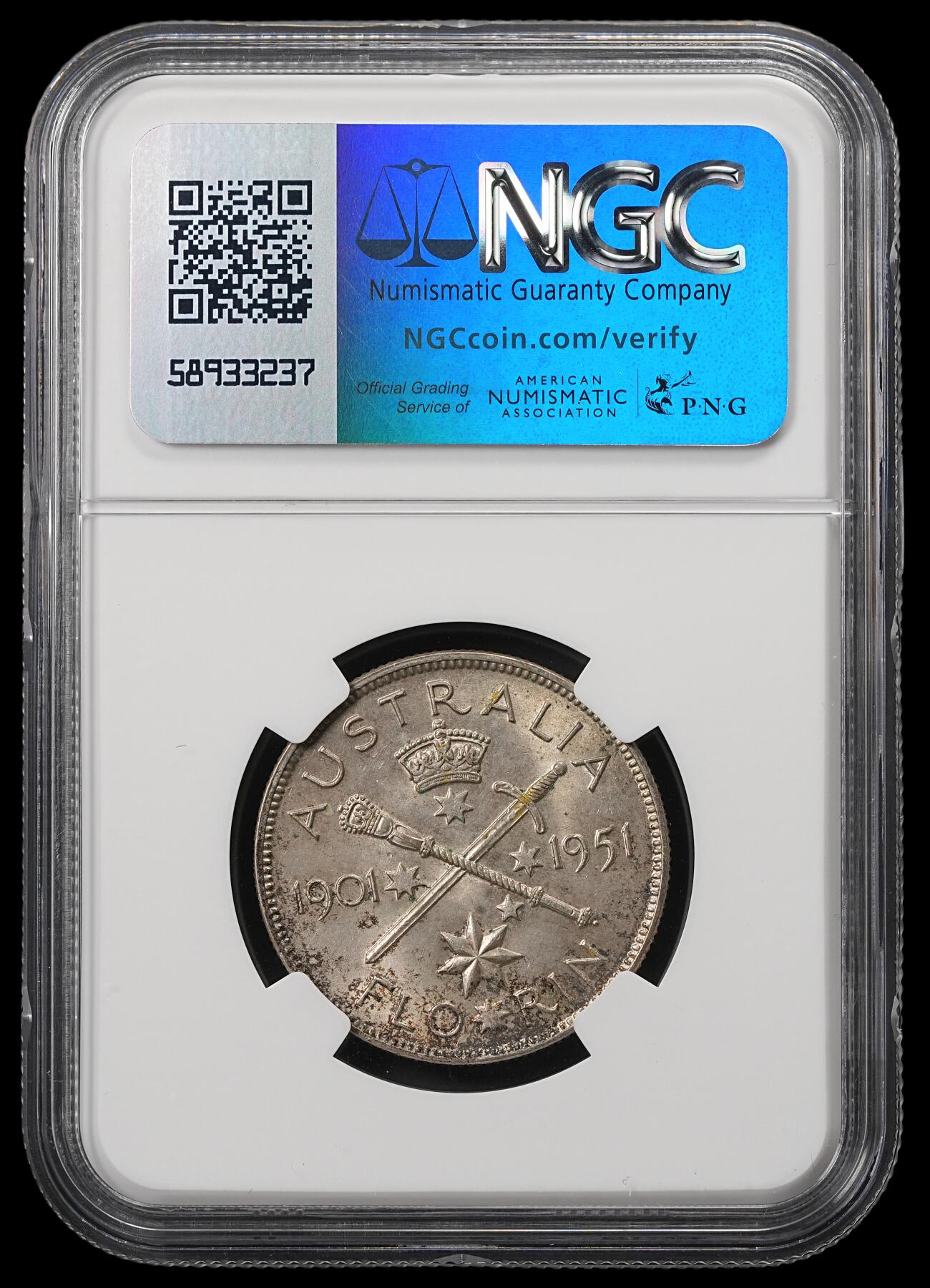 修遠堂世界钱币第五十三期 全场包邮 NGC MS63 1951年澳大利亚联邦50周年纪念1弗罗林银币