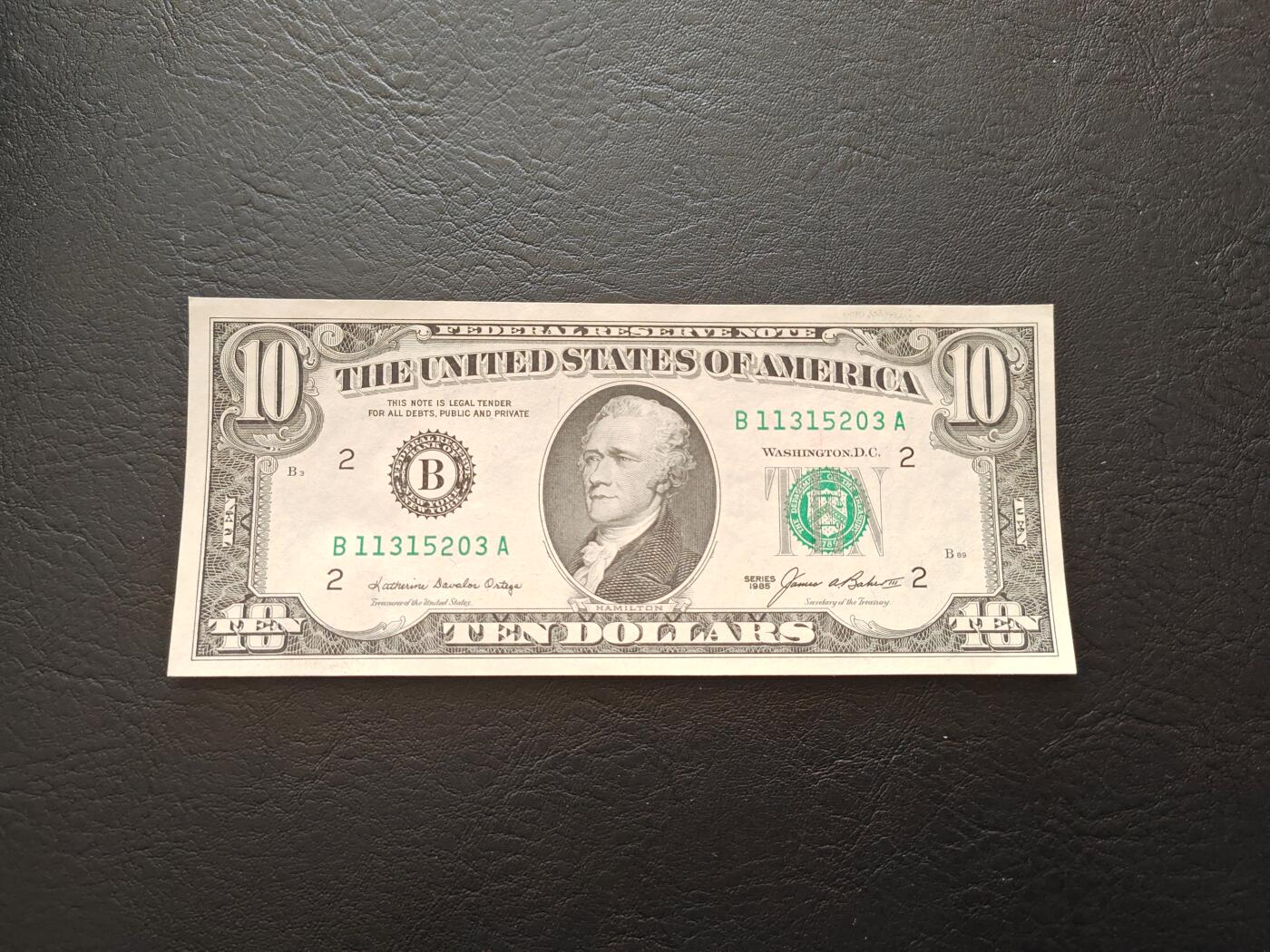 美国纸币 1985年 无4 小头版 10美元 全新UNC