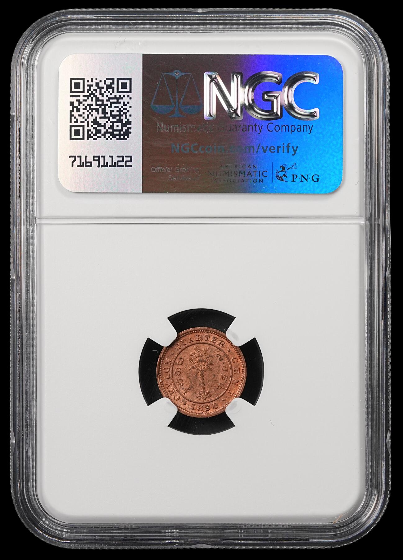 修遠堂世界钱币第五十三期 全场包邮 NGC MS64RB 1890年英属锡兰1/4分铜币