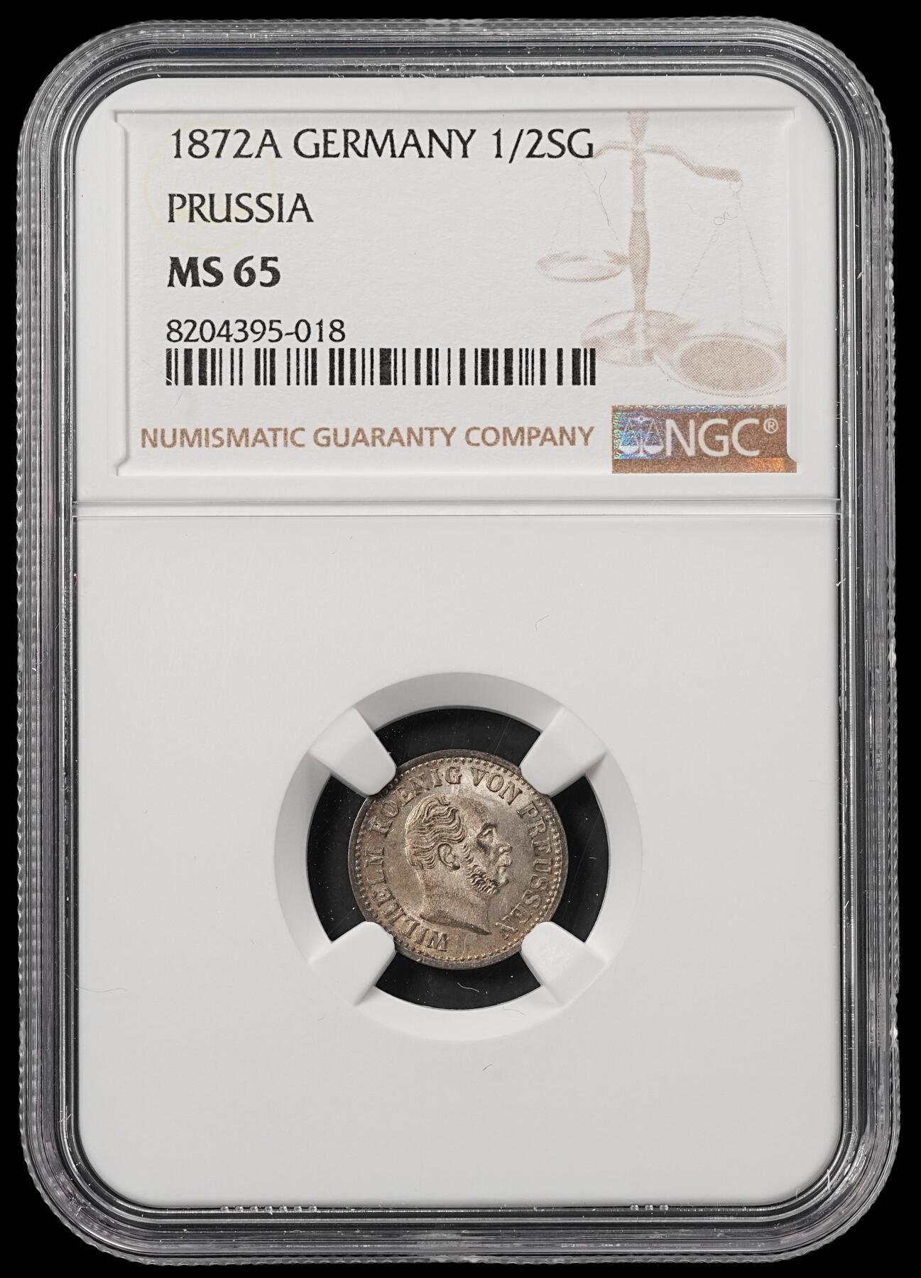 修遠堂世界钱币第五十三期 全场包邮 NGC MS65 1872年普鲁士1/2格罗申小银币
