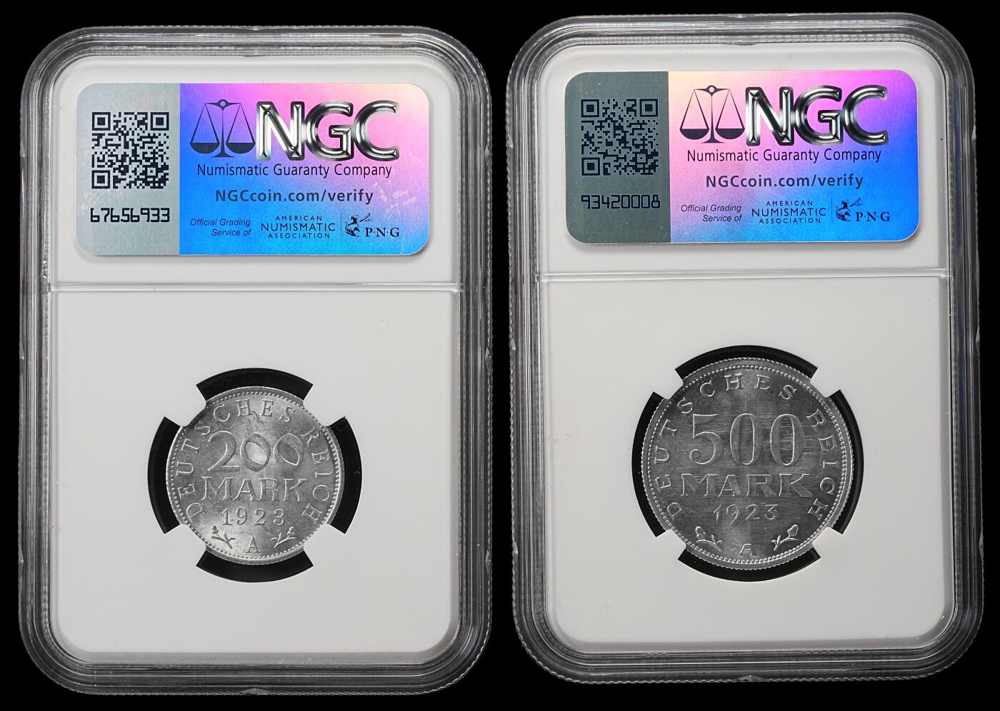修遠堂世界钱币第五十三期 全场包邮 NGC评级 1923年魏玛政府200，500马克铝币两枚