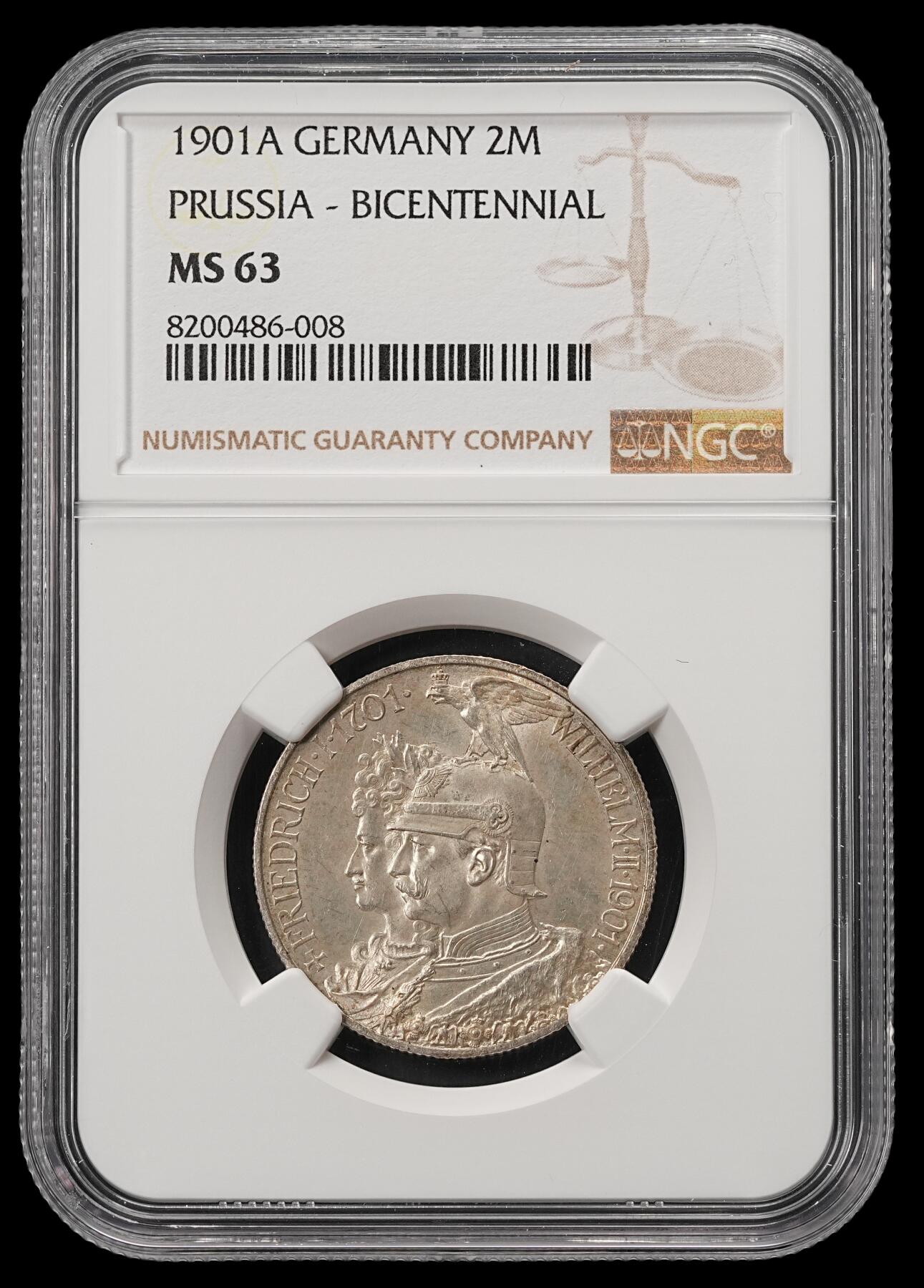 修遠堂世界钱币第五十三期 全场包邮 NGC MS63 1901年普鲁士建国200周年2马克银币