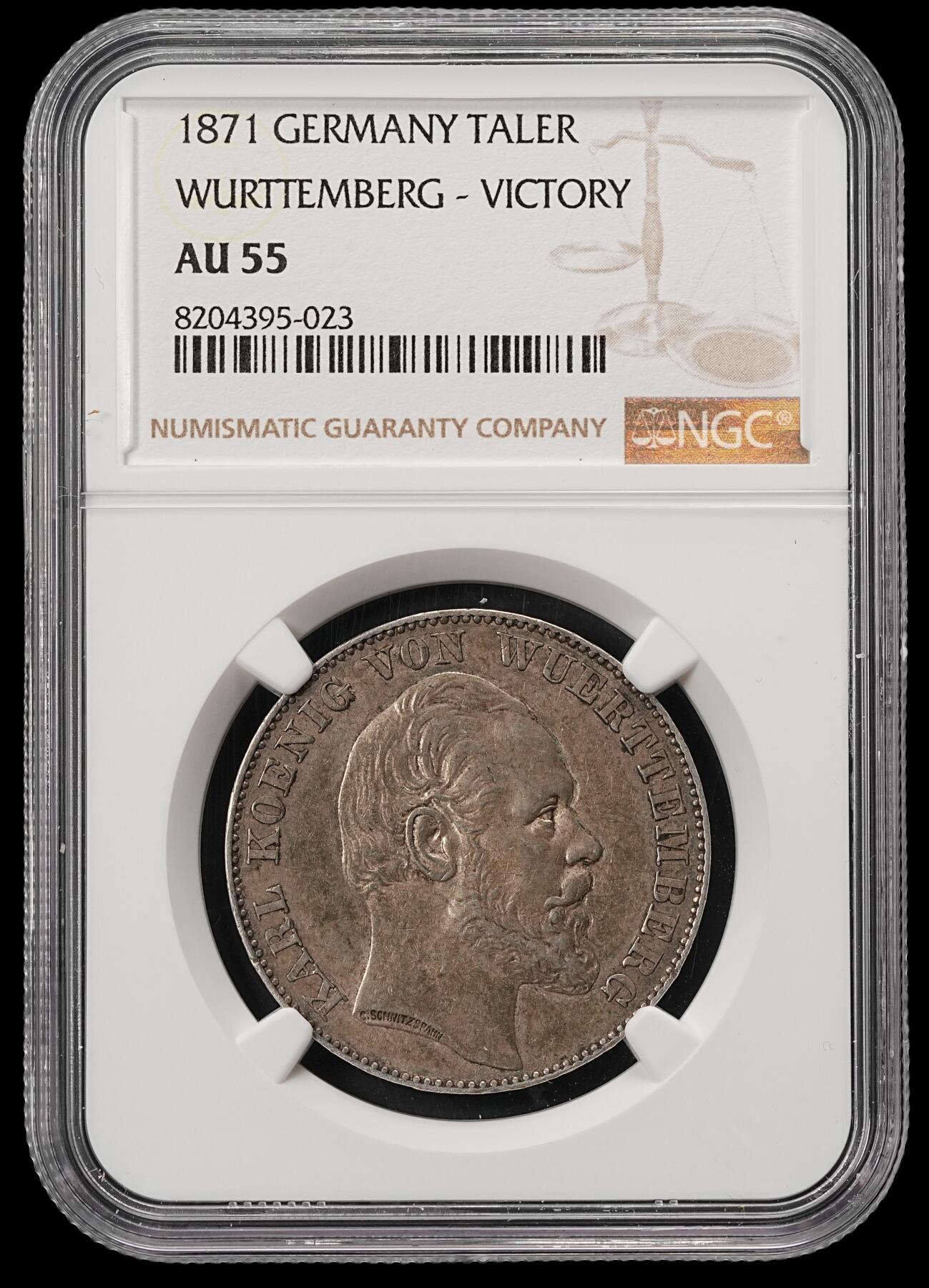修遠堂世界钱币第五十三期 全场包邮 NGC AU55 1871年符腾堡-普法战争胜利1泰勒银币