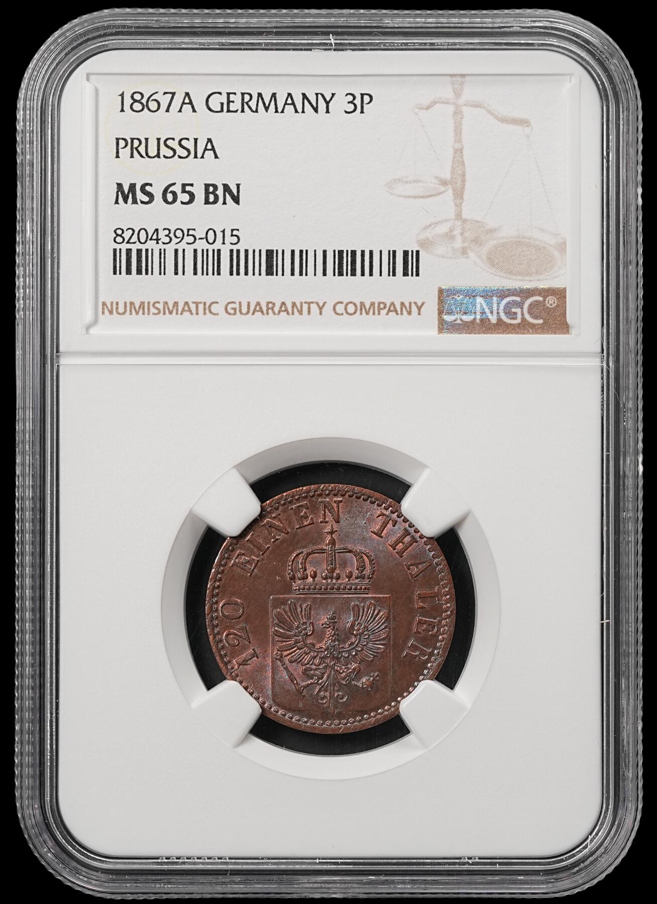 修遠堂世界钱币第五十三期 全场包邮 NGC MS65BN 1867年普鲁士3芬尼铜币