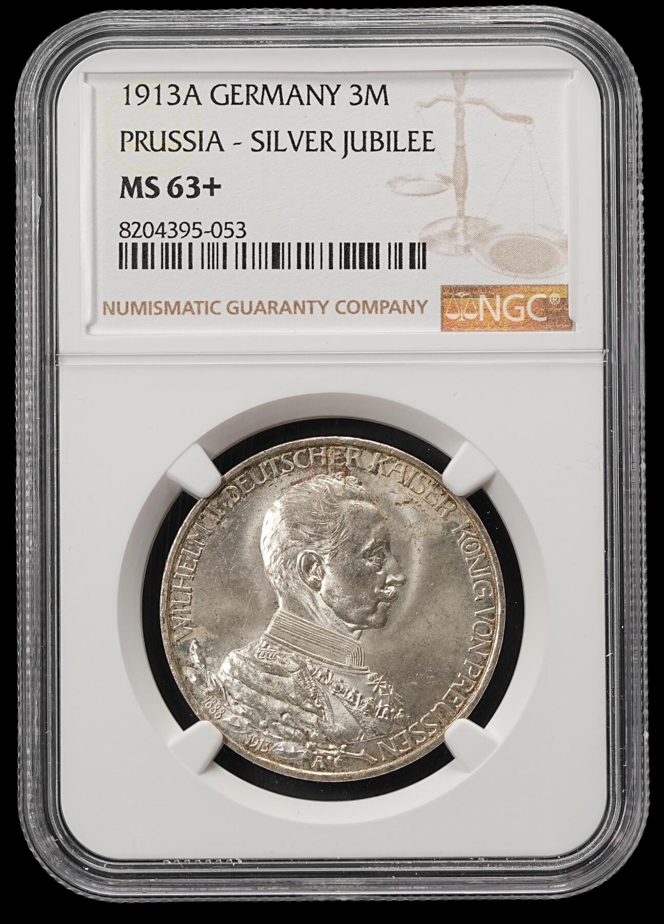修遠堂世界钱币第五十三期 全场包邮 NGC MS63+ 1913年普鲁士威廉二世登基25周年纪念3马克银币