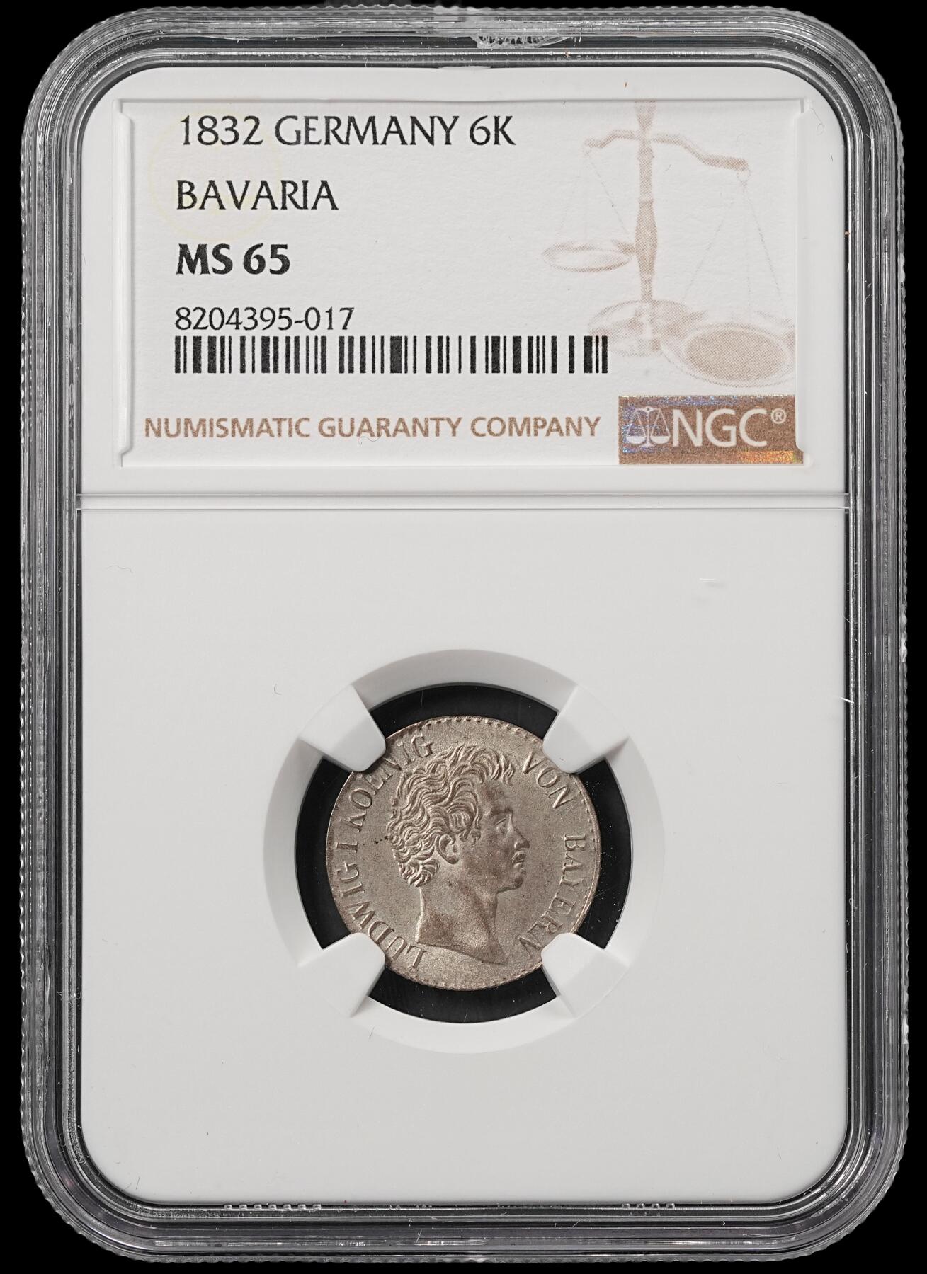 修遠堂世界钱币第五十三期 全场包邮 NGC MS65 1832年巴伐利亚6克鲁泽银币