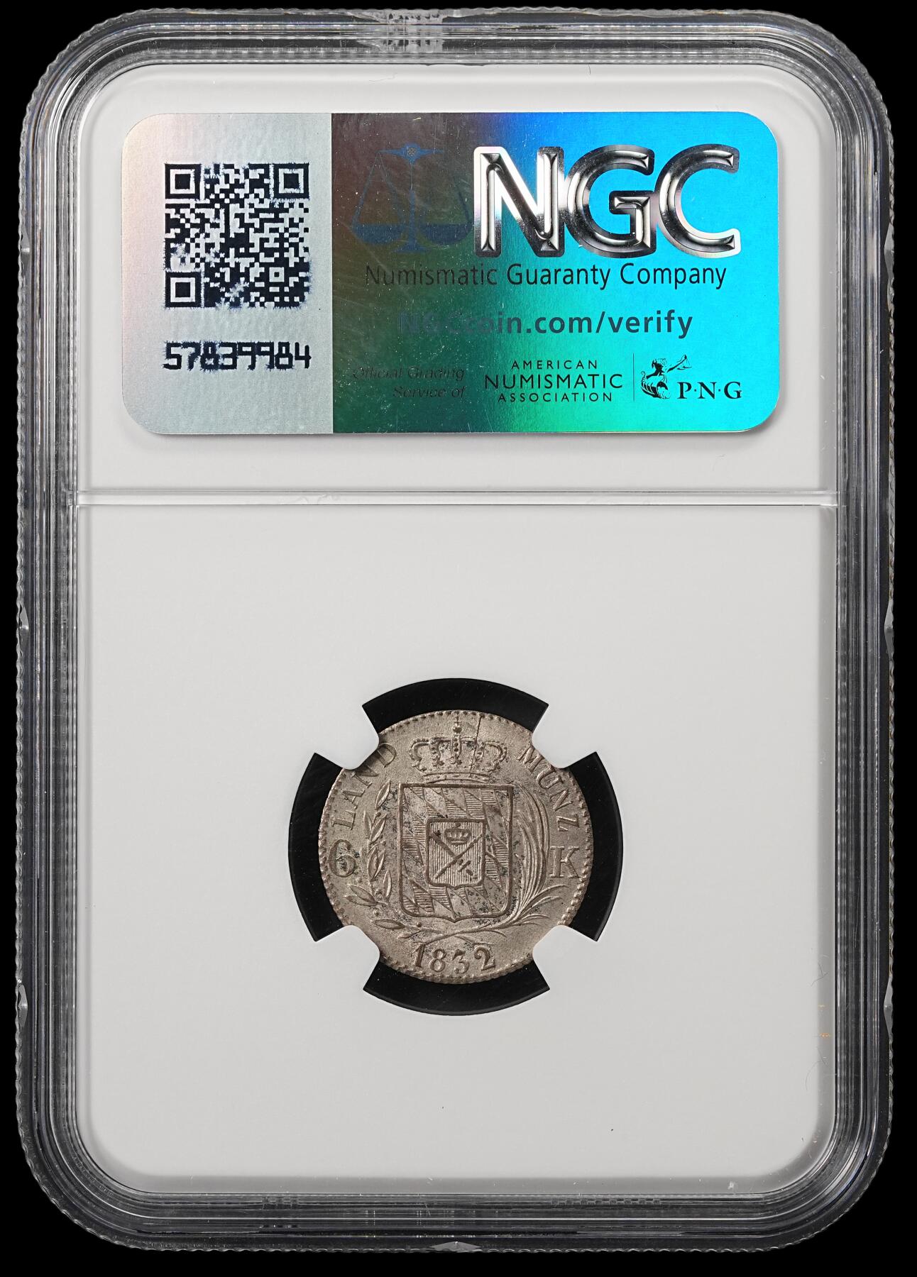 修遠堂世界钱币第五十三期 全场包邮 NGC MS65 1832年巴伐利亚6克鲁泽银币