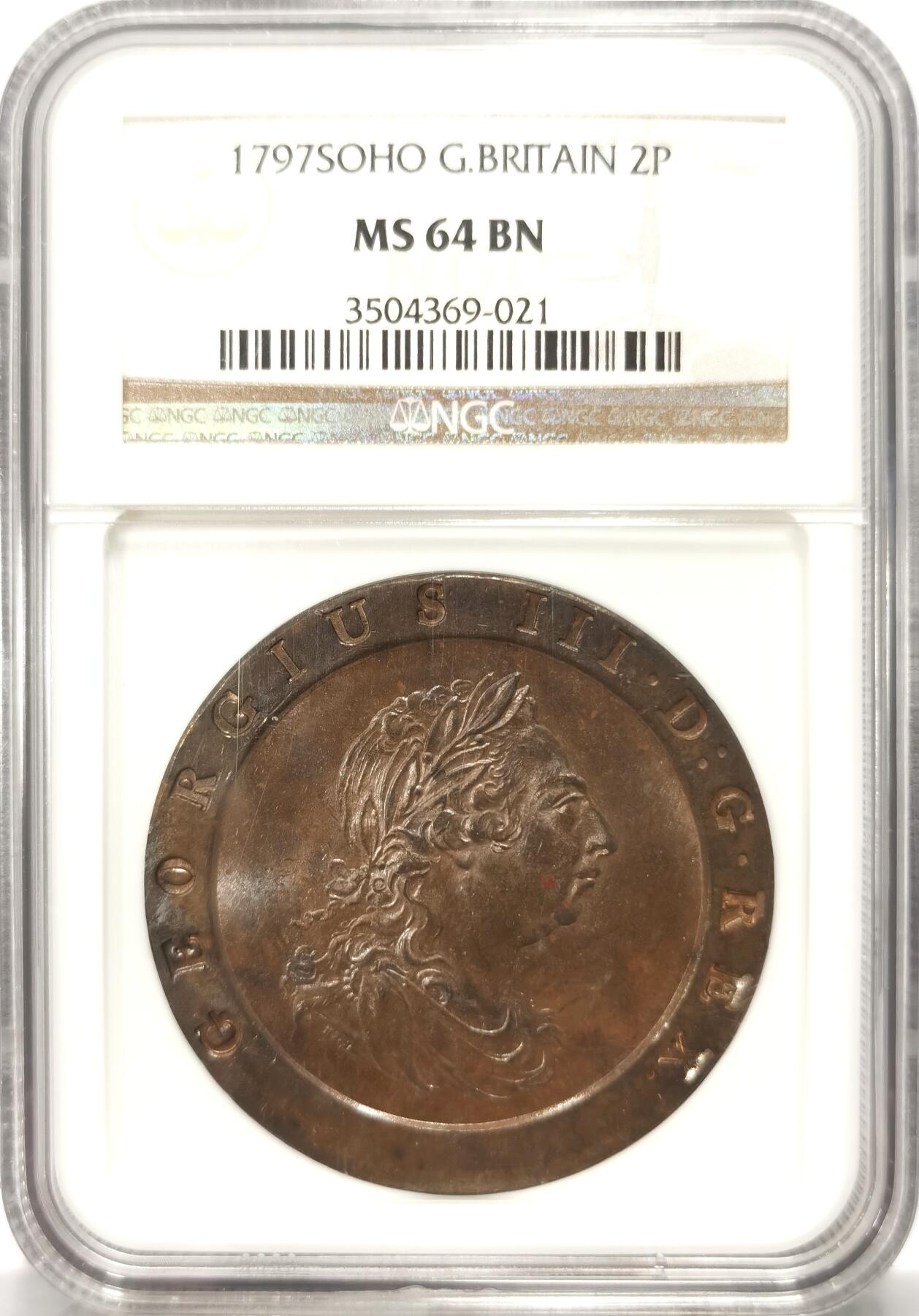 博洋堂世界钱币拍卖第106期（全场包邮） NGC MS64BN 英国车轮2便士1797年SOHO铜币，大巧克力