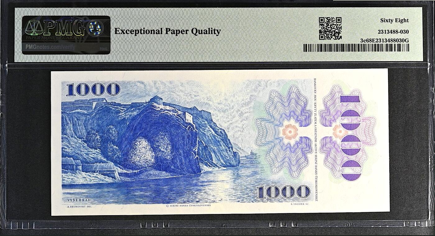《张总收藏》182期-新一年外币首拍 捷克1000克朗 PMG68E 1993年 捷斯解体后末版盖戳成为捷克第一版纸币 冠军分 双尾88
