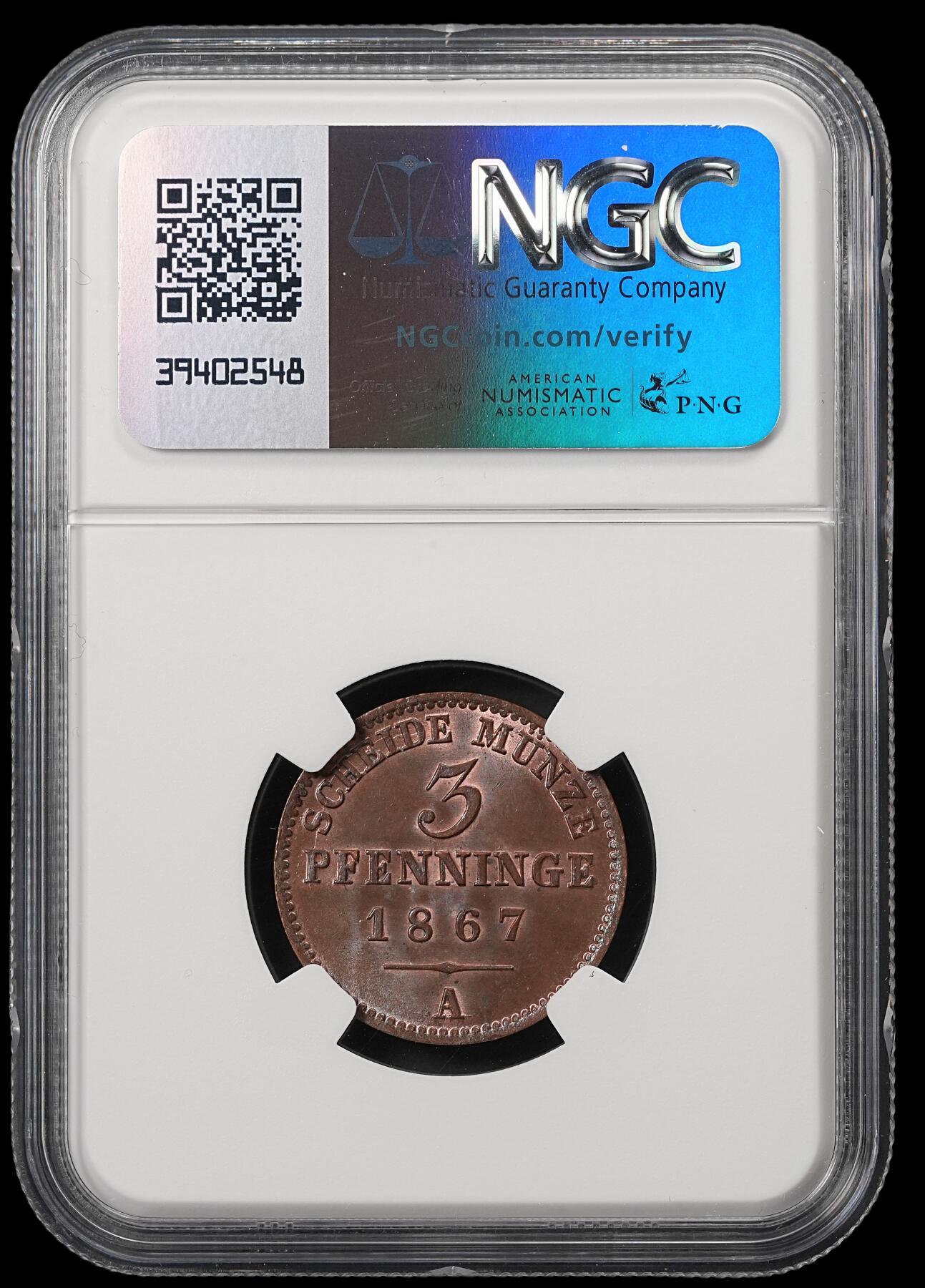 修遠堂世界钱币第五十三期 全场包邮 NGC MS65BN 1867年普鲁士3芬尼铜币