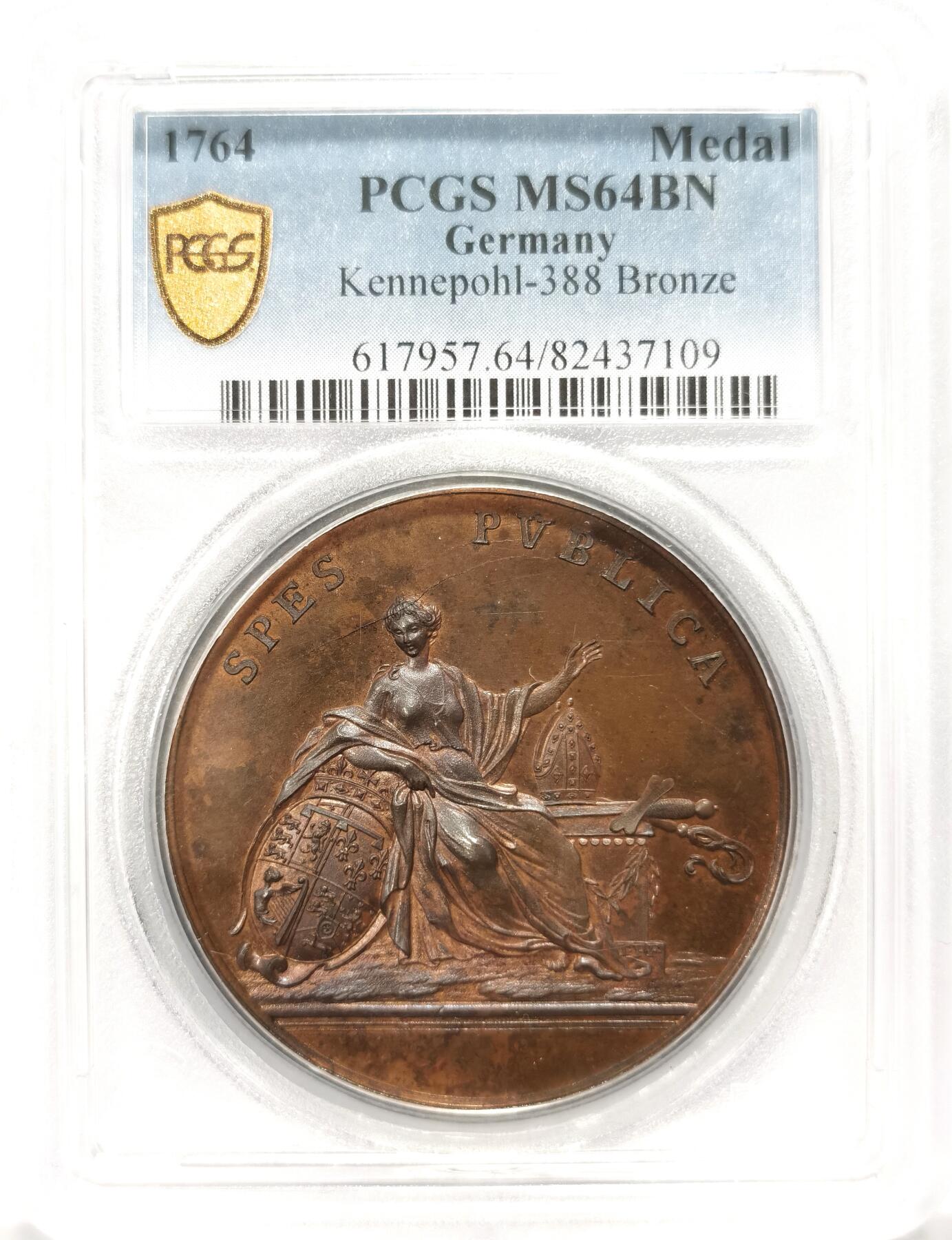 博洋堂世界钱币拍卖第106期（全场包邮） PCGS MS64BN 1764年德国-英国弗雷德里克王子当选为奥斯纳布吕克主教区的王子-选帝侯原铸大铜章。极罕见品种，N、P双料唯一冠军分，直径41mm。主图案为希望女神半倚在徽章盾牌上。18世纪大型铜章巅峰之作，地面、盾牌徽章以及主教冠的精细刻画令人叹为观止，铜光犹存，镜面底板，所见最佳。