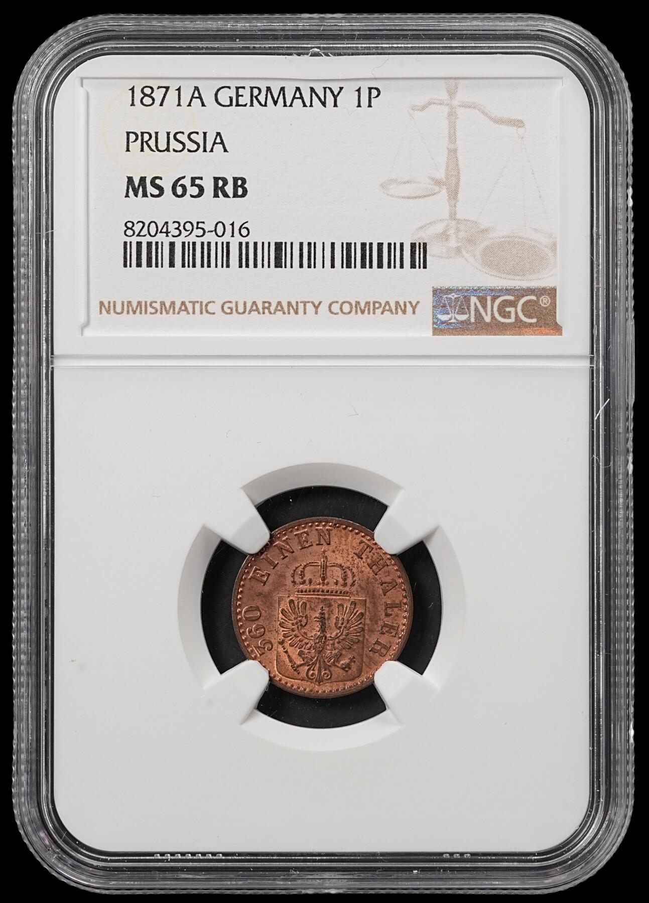 修遠堂世界钱币第五十三期 全场包邮 NGC MS65RB 1871年普鲁士1芬尼铜币