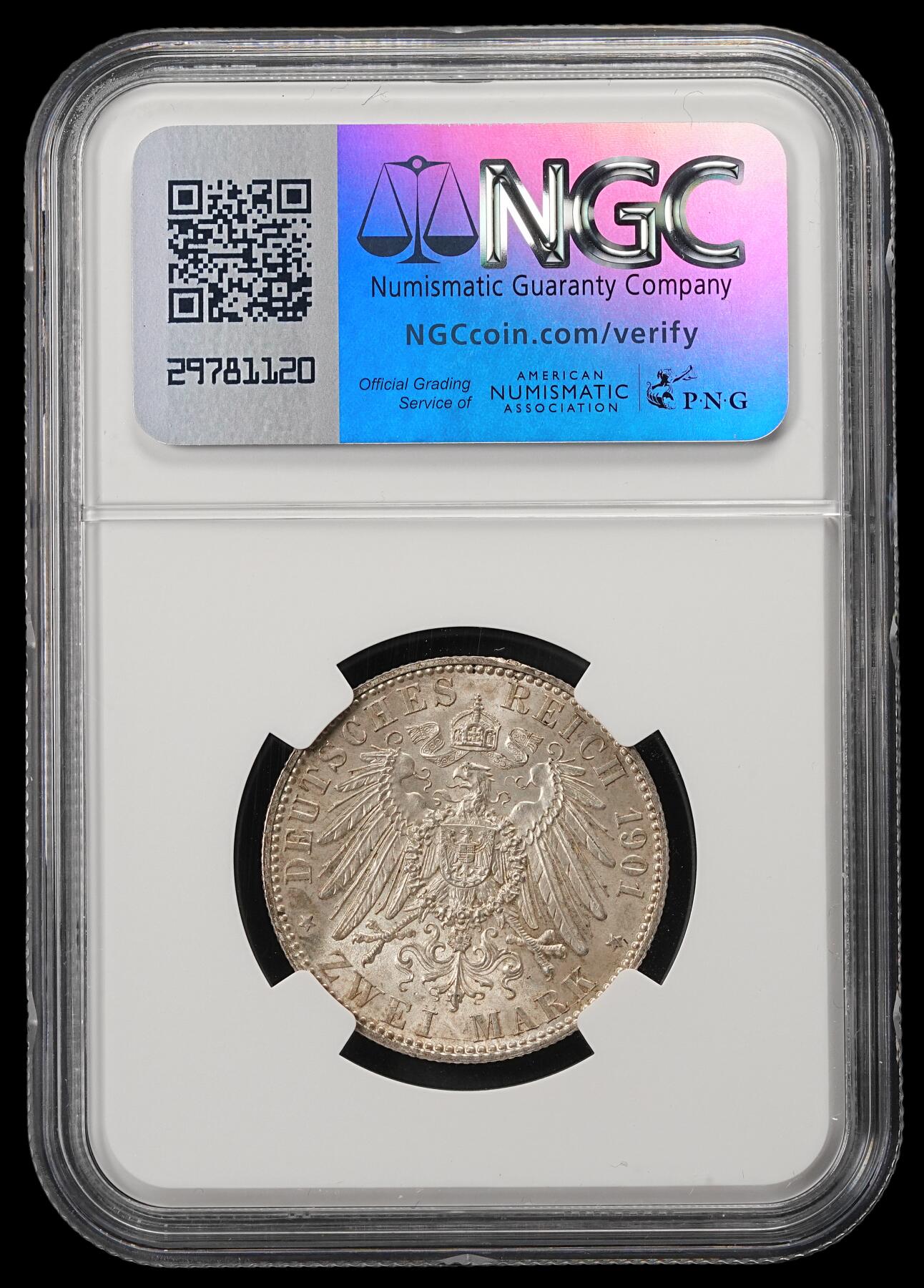 修遠堂世界钱币第五十三期 全场包邮 NGC MS63 1901年普鲁士建国200周年2马克银币