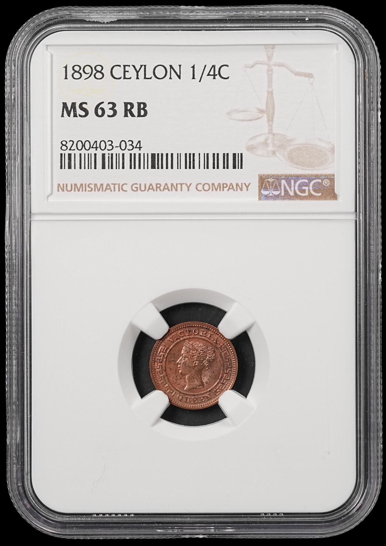 修遠堂世界钱币第五十三期 全场包邮 NGC MS63RB 1898年英属锡兰1/4分铜币