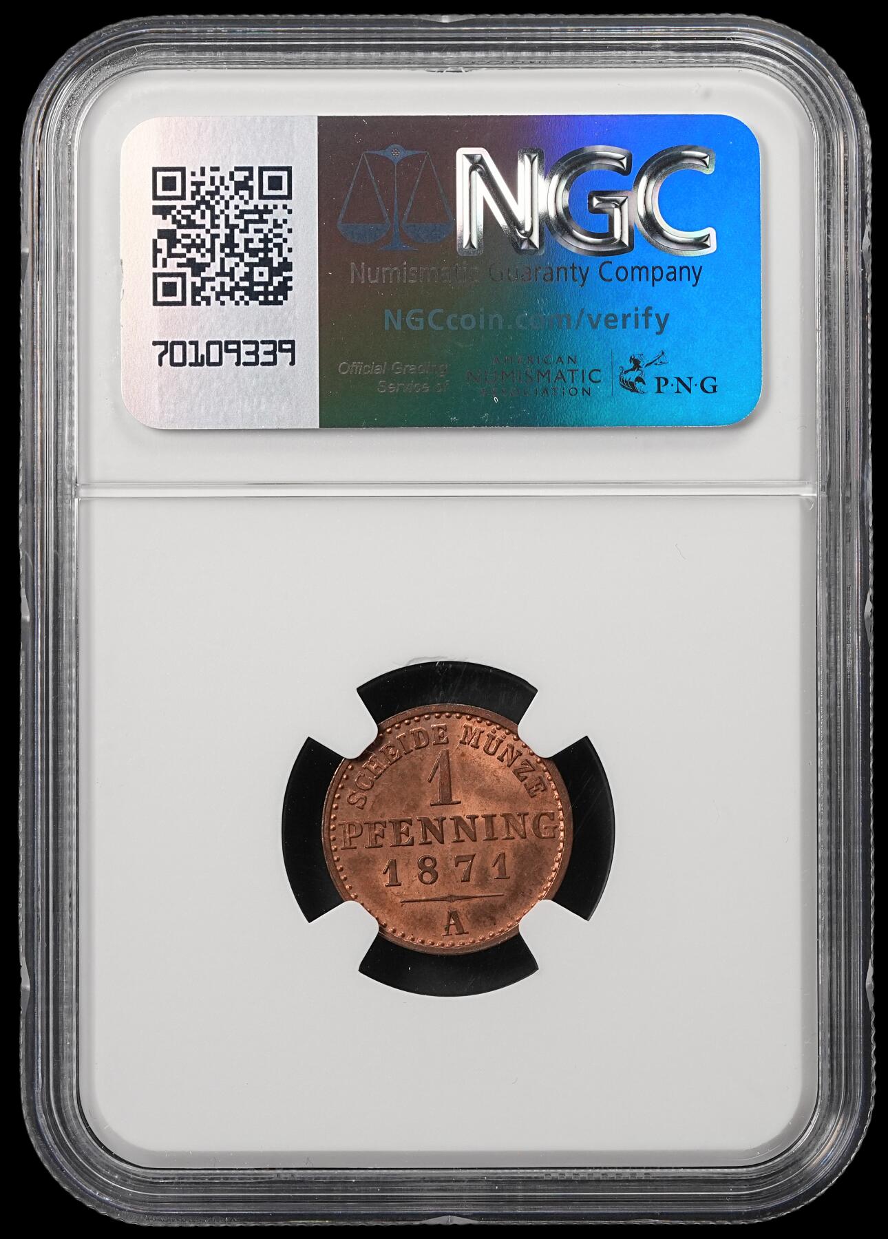 修遠堂世界钱币第五十三期 全场包邮 NGC MS65RB 1871年普鲁士1芬尼铜币