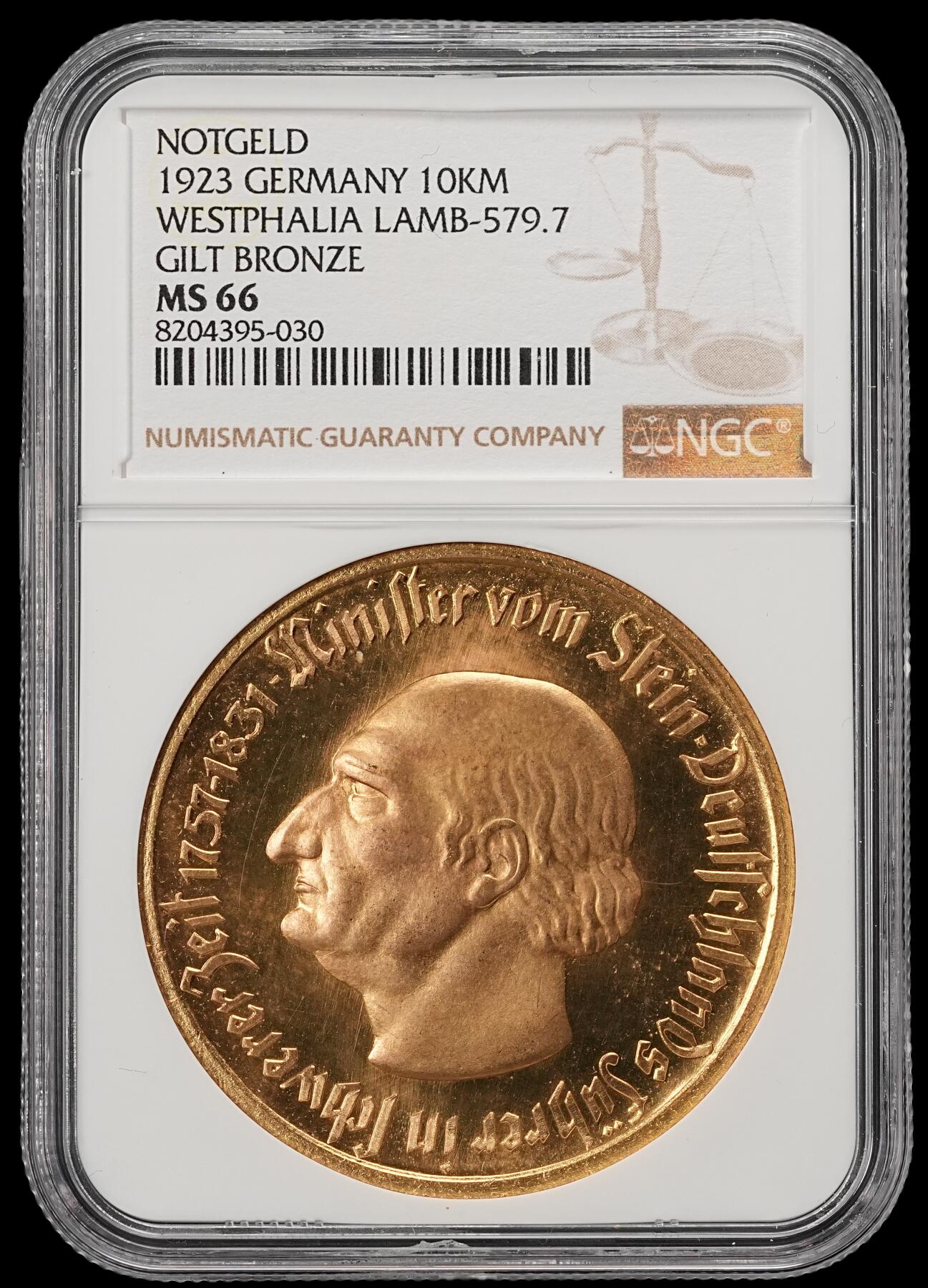 修遠堂世界钱币第五十三期 全场包邮 NGC MS66 1923年德国紧急时期威斯特法伦1万马克鎏金大马币