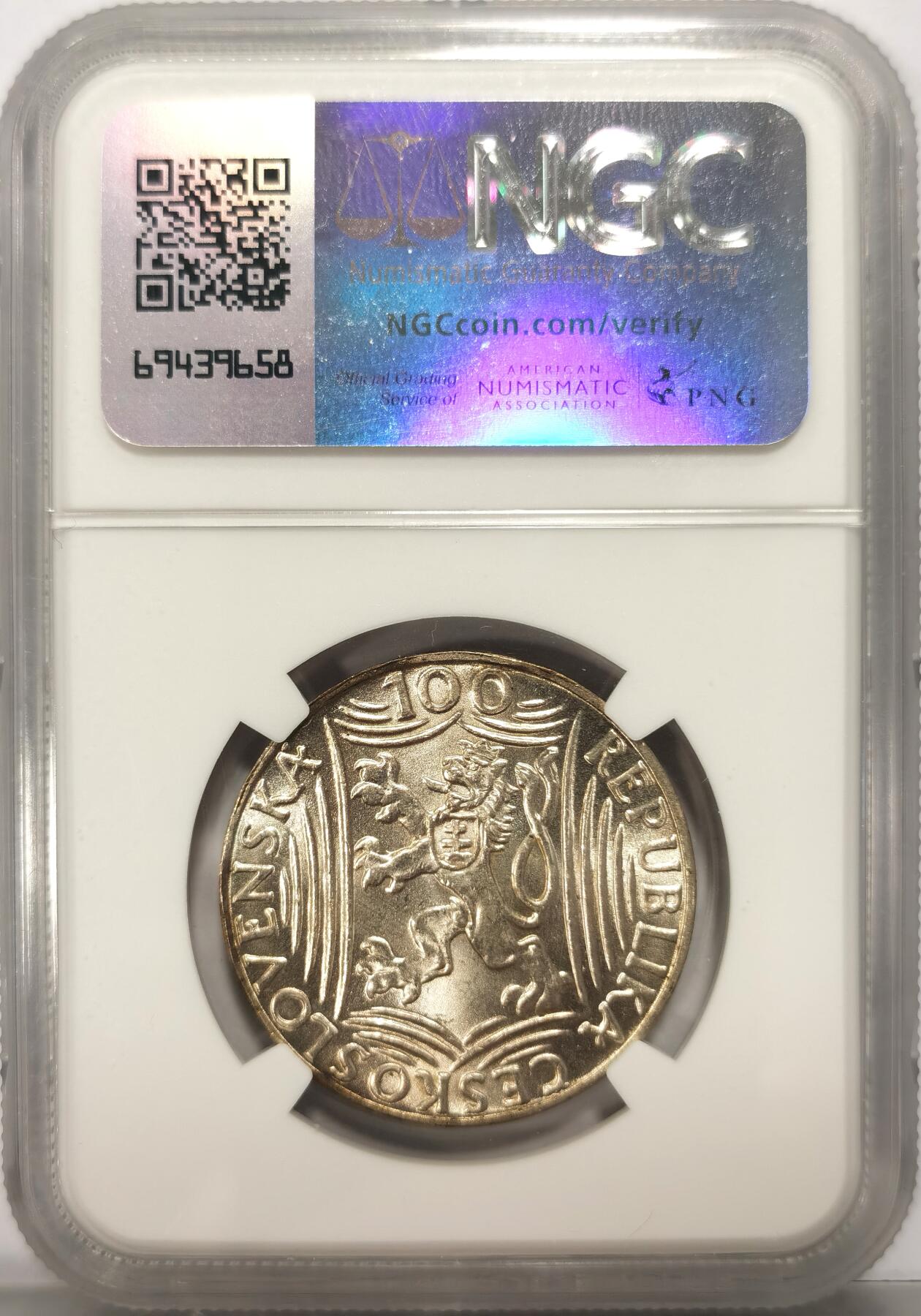 博洋堂世界钱币拍卖第106期（全场包邮） NGC MS65 捷克斯洛伐克1949年斯大林100克朗银币，人像下方泛起微彩，100克朗高分难得。一步到位好品相。
