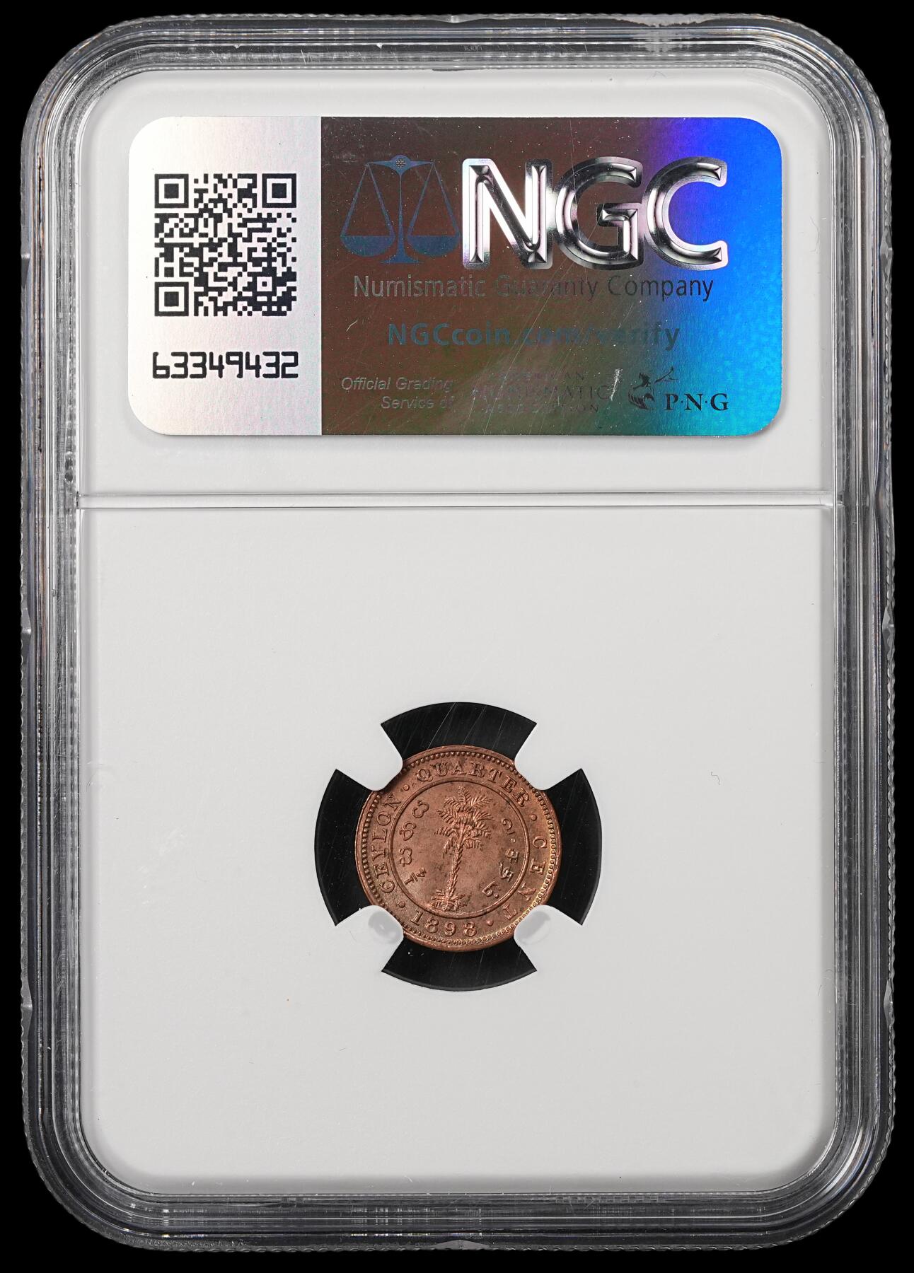 修遠堂世界钱币第五十三期 全场包邮 NGC MS63RB 1898年英属锡兰1/4分铜币