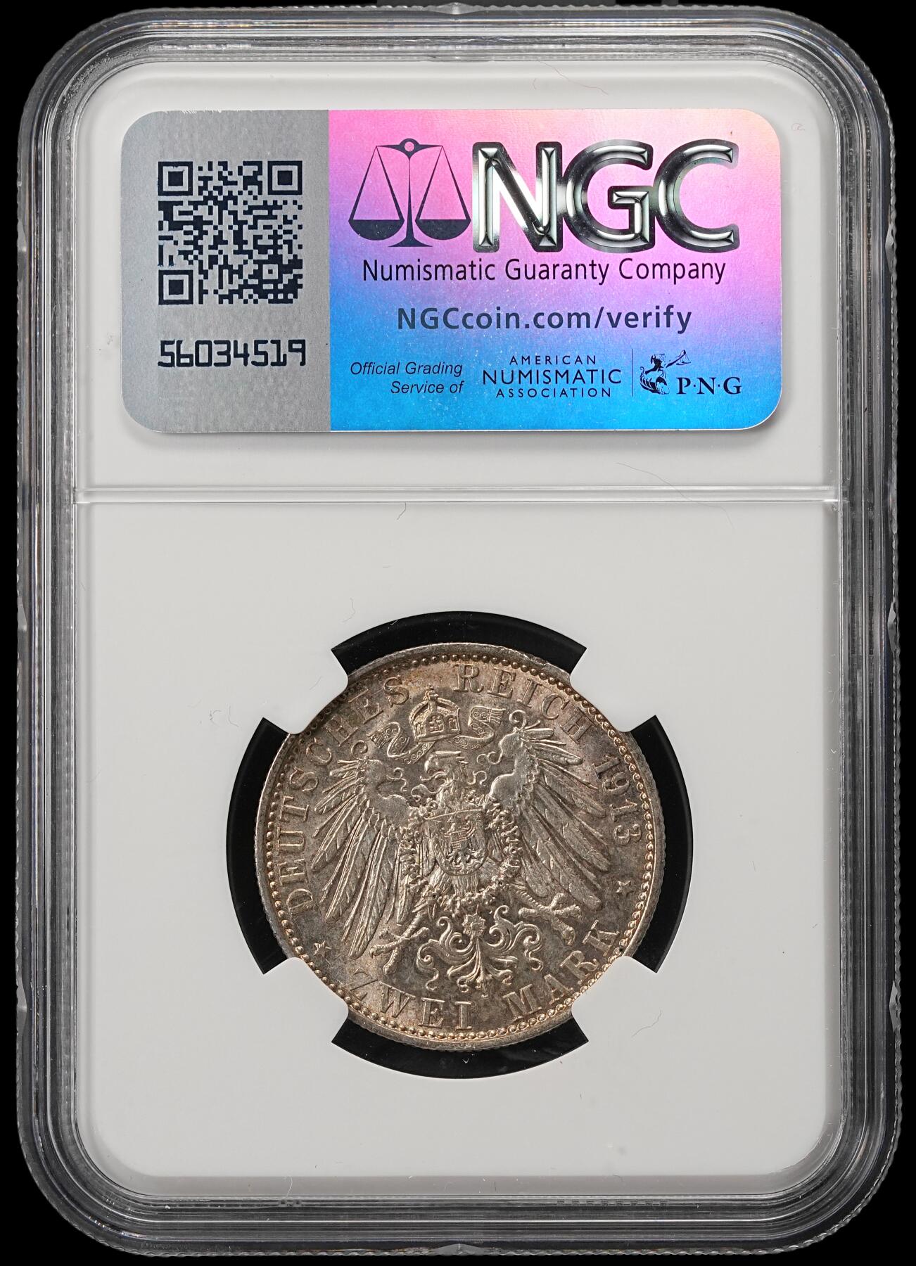 修遠堂世界钱币第五十三期 全场包邮 NGC MS63 1913年普鲁士威廉二世登基25周年纪念2马克银币