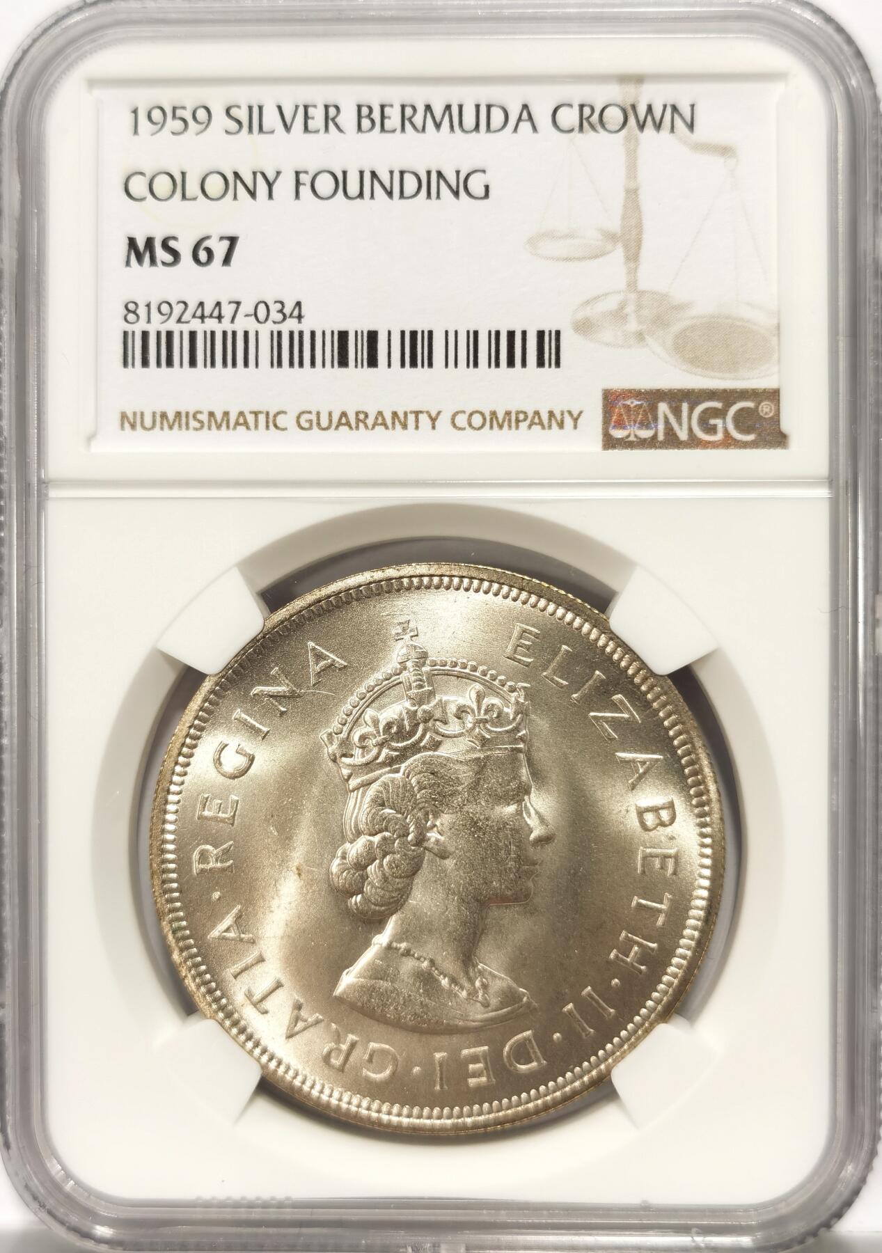 博洋堂世界钱币拍卖第106期（全场包邮） NGC MS67 英属百慕大1959年伊丽莎白二世1克朗银币，发现百慕大350周年纪念，极品高分
